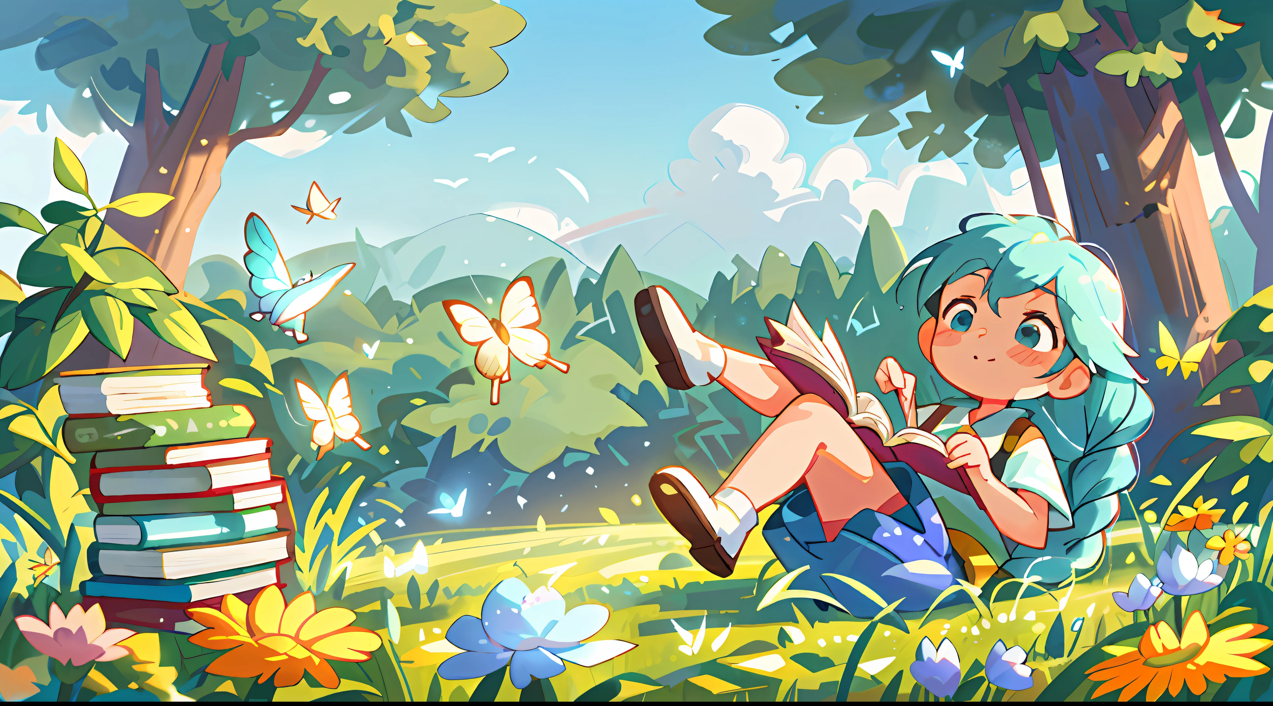 High Detail, Ultra Detail, 8K, Ultra High Resolution, Elsa, from Frozen, child, toddler, enjoying her time in the open field, surrounded by the beauty of nature and books, warm sun sprinkling on her, wildflowers gently swaying in the breeze. Butterflies and birds flutter around her, adding to the playful atmosphere, pastel blue hair tie