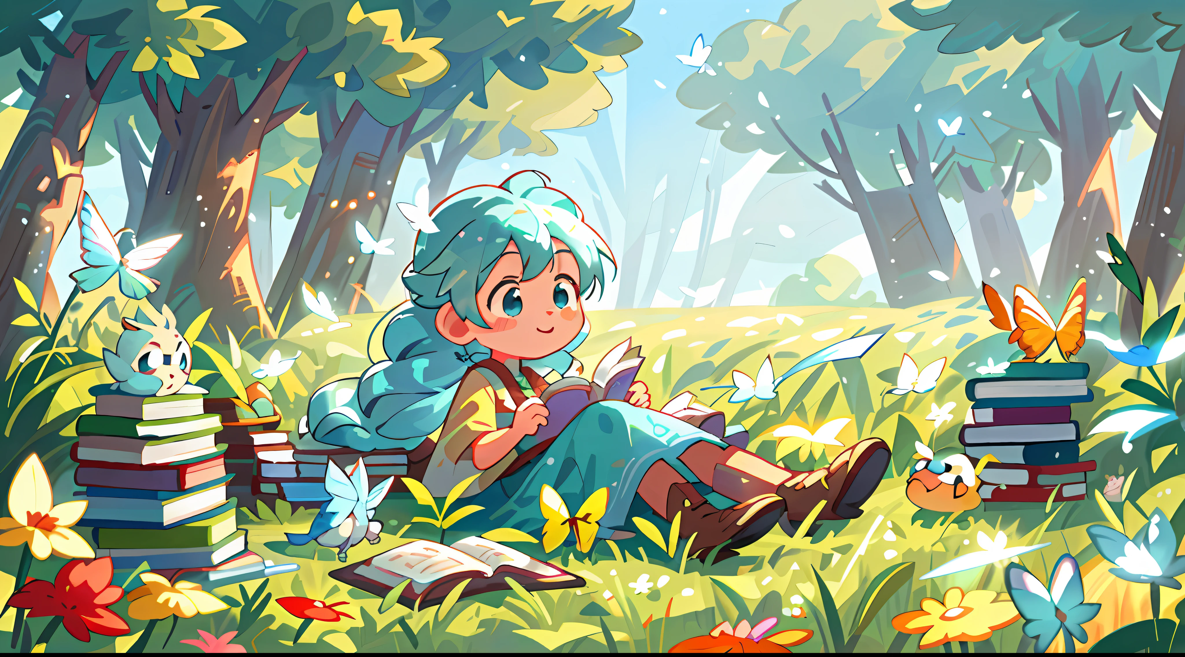 High Detail, Ultra Detail, 8K, Ultra High Resolution, Elsa, from Frozen, child, toddler, enjoying her time in the open field, surrounded by the beauty of nature and books, warm sun sprinkling on her, wildflowers gently swaying in the breeze. Butterflies and birds flutter around her, adding to the playful atmosphere, pastel blue hair tie