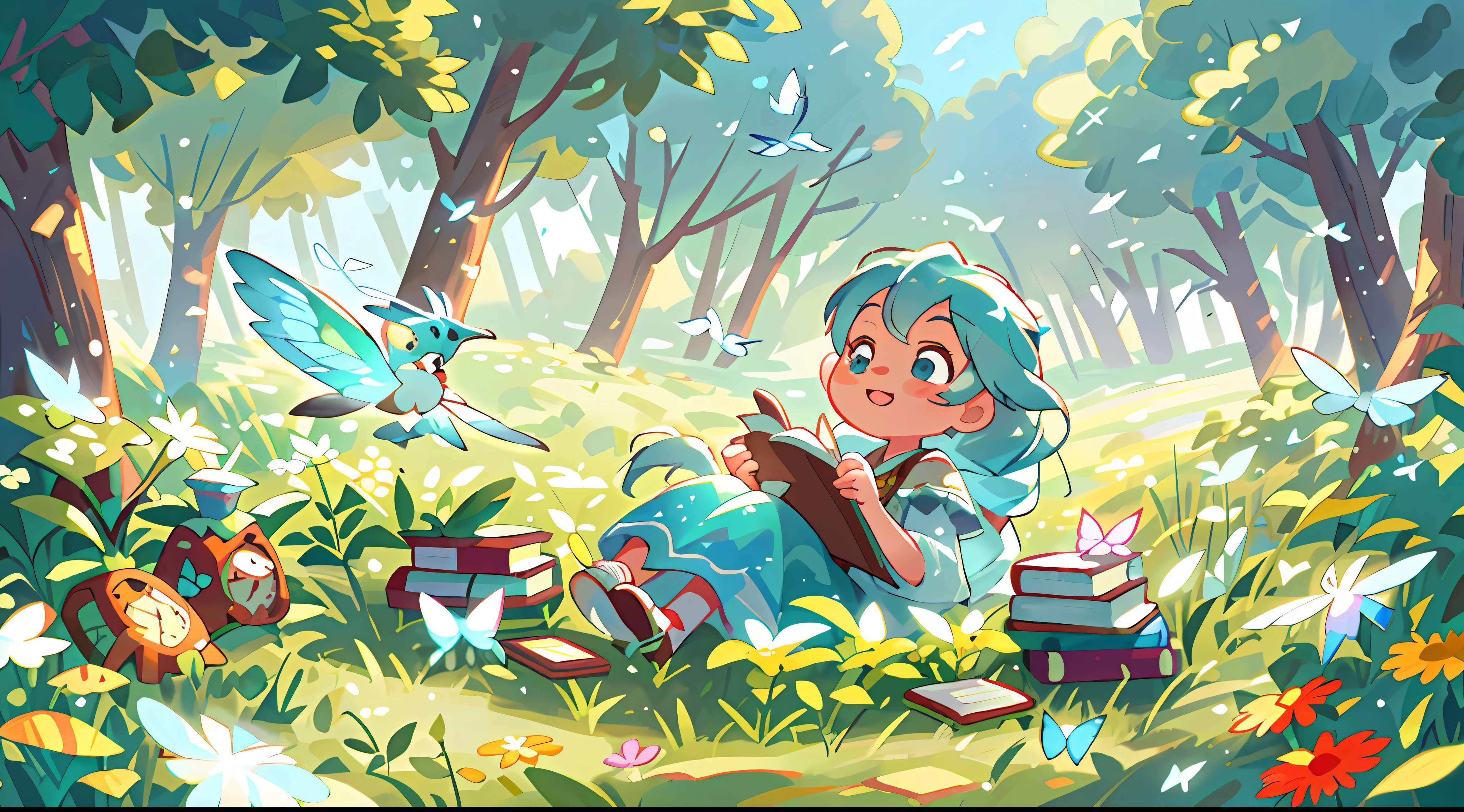 High Detail, Ultra Detail, 8K, Ultra High Resolution, Elsa, from Frozen, child, toddler, enjoying her time in the open field, surrounded by the beauty of nature and books, warm sun sprinkling on her, wildflowers gently swaying in the breeze. Butterflies and birds flutter around her, adding to the playful atmosphere, pastel blue hair tie
