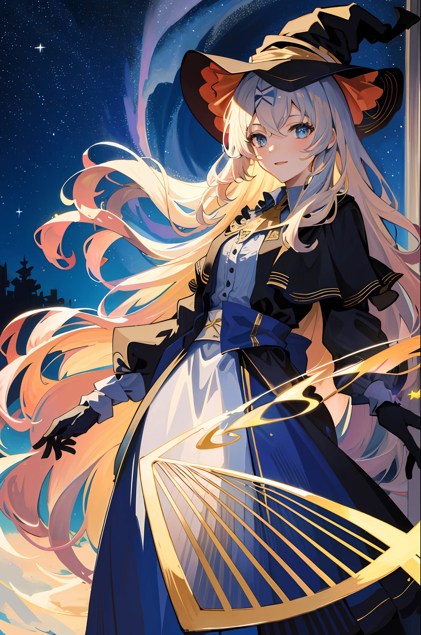 ((masterpiece:1.2, best quality)), 1girl, solo, (witch hat), blonde, long hair, skirt, aurora, night, stars (sky), gloves, sky, white skirt, night sky, mouth open, starry sky, blue Eyes, Ribbons, Long Hair, Red Dress, Smile, Headband, Cape, Blue Hair, (Bird), Magic, Spellcasting, Dark Clouds, Night, (Impressionism: 1.4), (Tarot: 1.3), Alphonse Mucha,