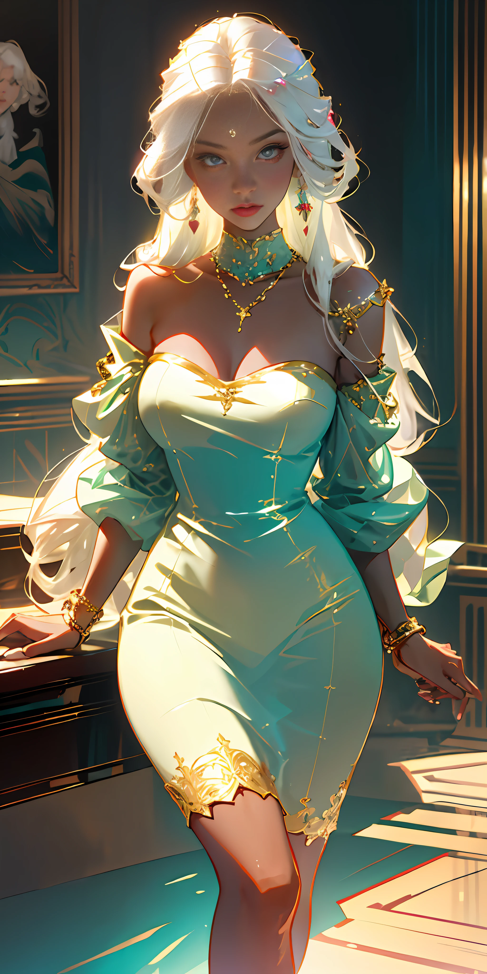 (((multicolored hair, [white hair]))), ultra realistic 8k cg, picture-perfect face, flawless, clean, masterpiece, professional artwork, famous artwork, cinematic lighting, cinematic bloom, perfect face, beautiful face, beautiful eyes, (((perfect female body, narrow waist))), gorgeous queen, royal, divine, goddess, godlike, (royal palace), fantasy, dreamlike, unreal, science fiction, (huge breasts), beautiful clothes, lace, lace trim, lace-trimmed legwear, nsfw, breasts out, absurdly long hair, very long hair, (rich:1.4), prestige, luxury, jewelry, diamond, gold, pearl, gem, sapphire, ruby, emerald, intricate detail, delicate pattern, sexy, charming, alluring, seductive, erotic, enchanting, hair ornament, necklace, earrings, bracelet, armlet, looking at viewer,