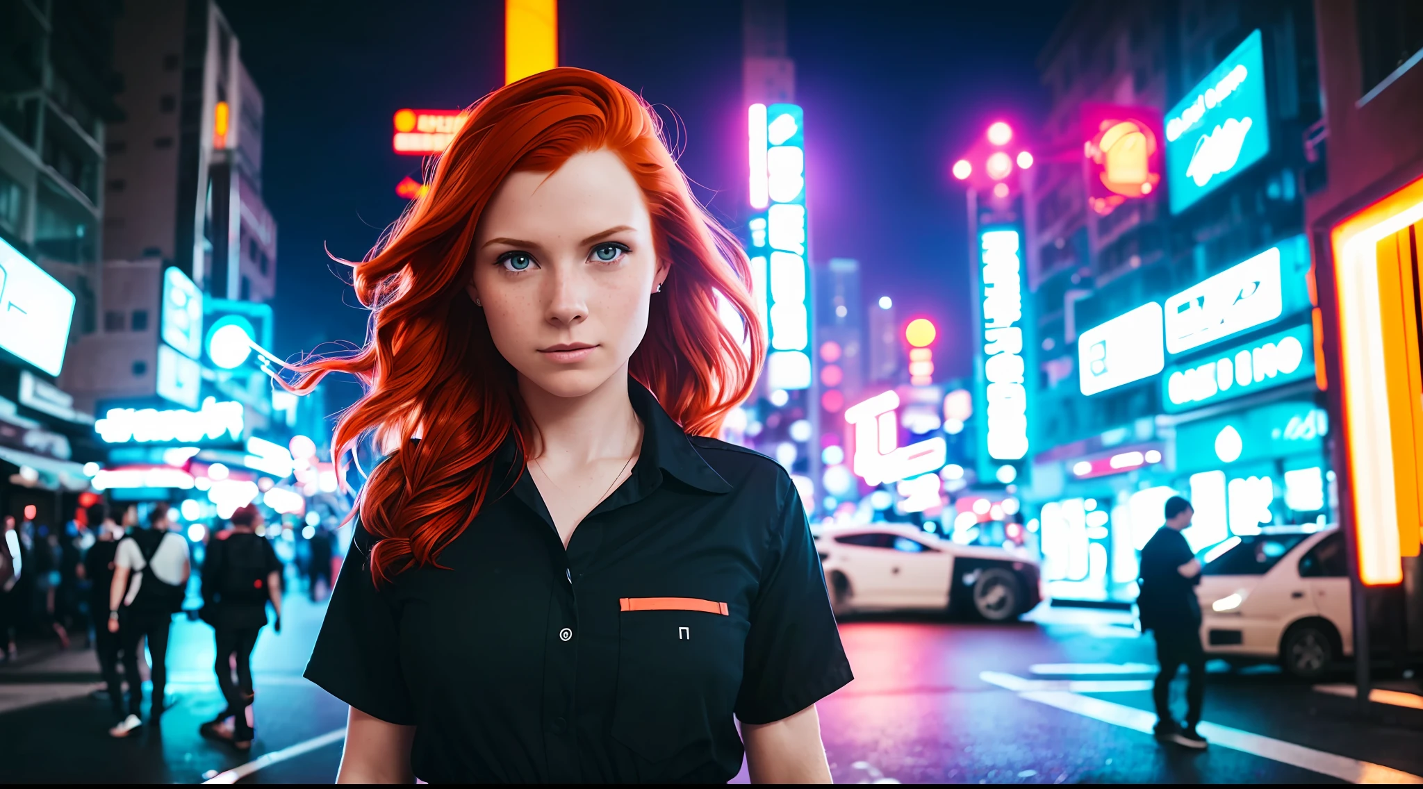 Award-winning photo from the waist up, an ultra wide angle of 17 mm, portrait of one (redhead: 1.2) (solo), freckle teacher, living on the street of the city cyberpunk,: white shirt: 18, atmosphere of cyberpunk and neon, light room, cinematic, dark shot, strong colors, insane details, intricate details, hyperdetailed, close-up, night