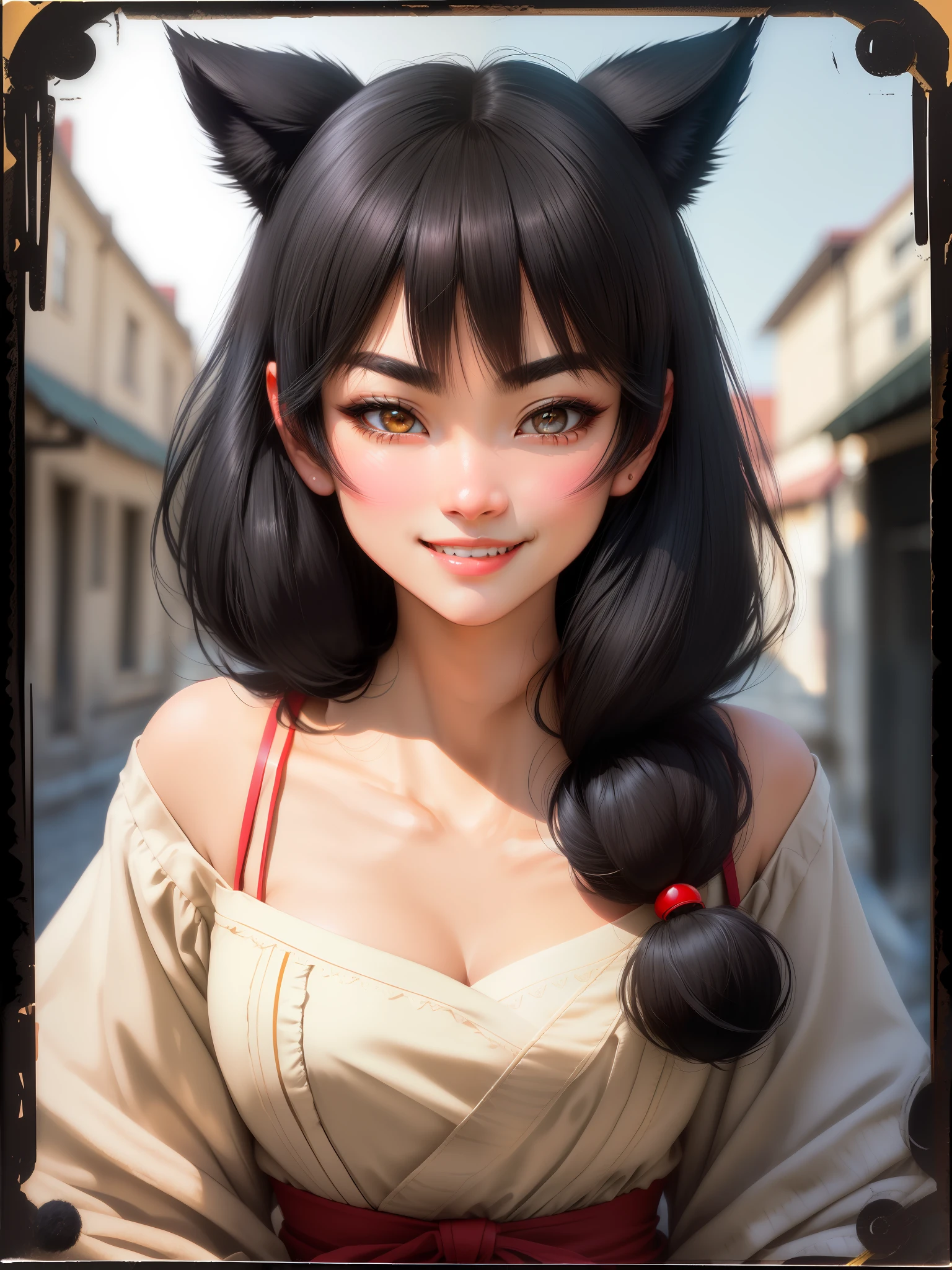 black hair, hair bobbles, wince, longeyelashes, solid circle eyes, fake animal ears, light smile, ear blush, fang, drop shadow, anaglyph, stereogram, tachi-e, pov, atmospheric perspective, Neoclassicism, Fujicolor, Fujicolor, 8k, super detail, ccurate