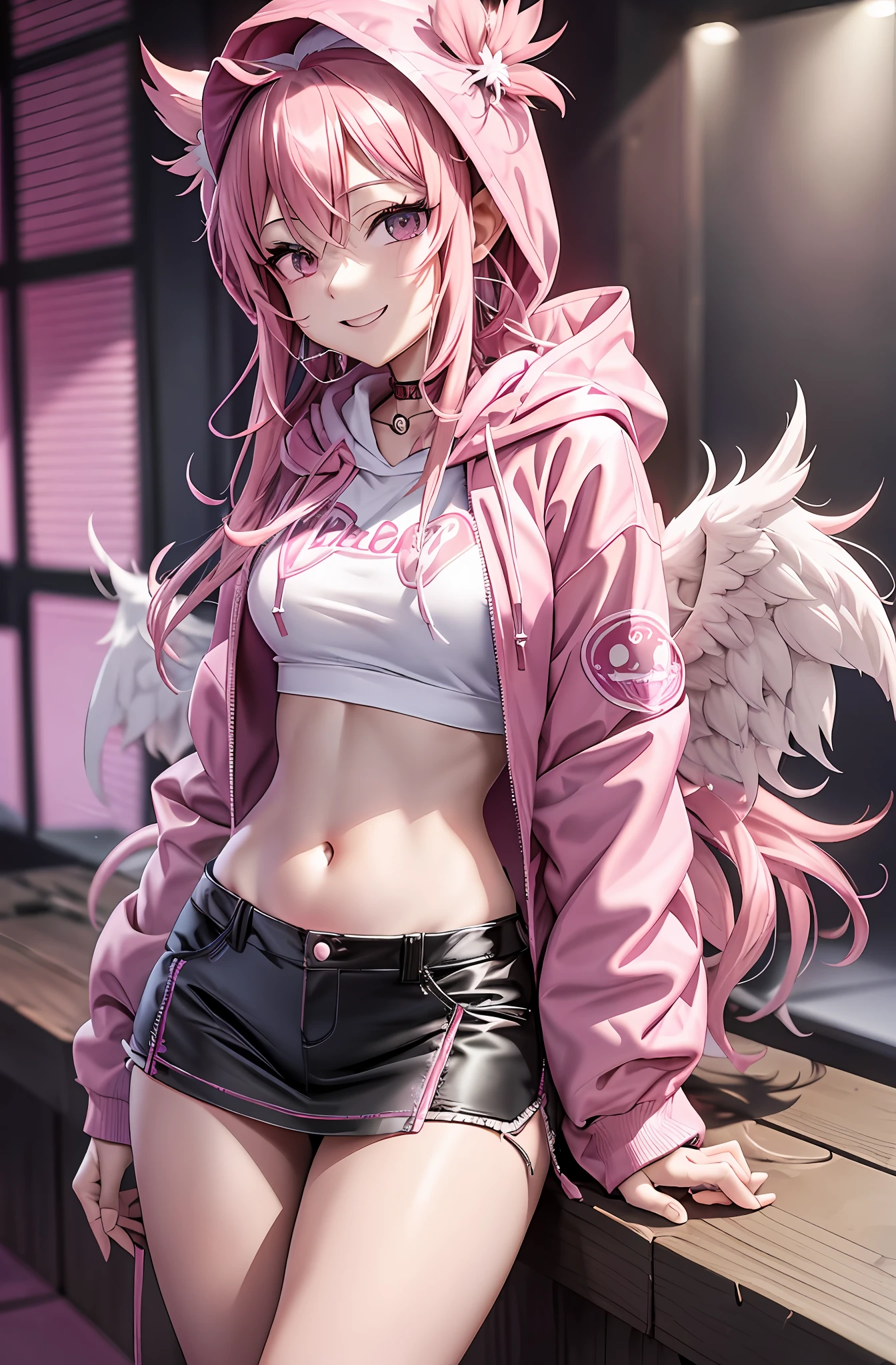 Pink hair. Long hair. Miniskirt. Parka. Earring. Angel wings. Heart-shaped vacant chest. Heart logo. A big smile. Inside the game center. White wings. Navel. Futomo. Navel out. Put on the hoodie hood. Put a hood on your head. Cherry blossom blizzard.