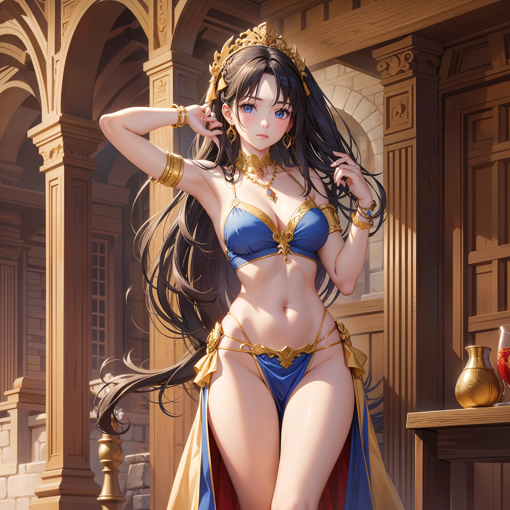 Top quality, masterpiece, long hair, dancing, girl, hair ornament, necklace, earring, bangle, one, light clothing, loin cloth, knee up, medieval tavern