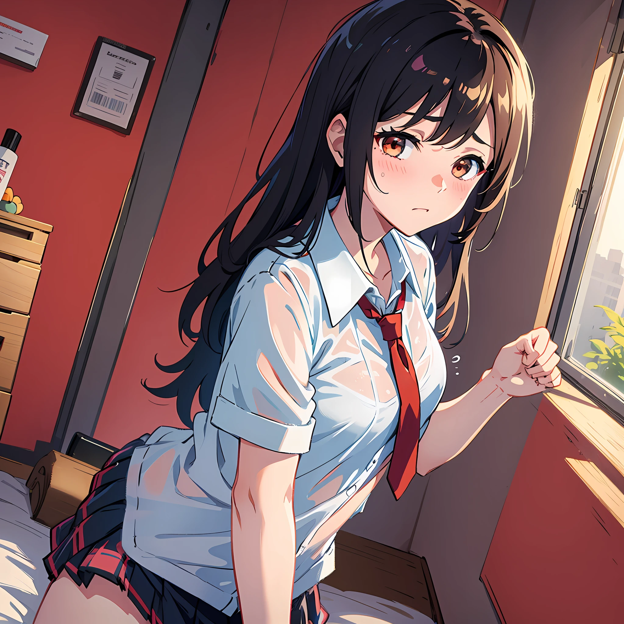 sister, wearing school uniform, wet and bra see-through, 8K, best quality, , looking at camera, red cheeks, embarrassed, delicate hands, own room, fond brother, tsundere