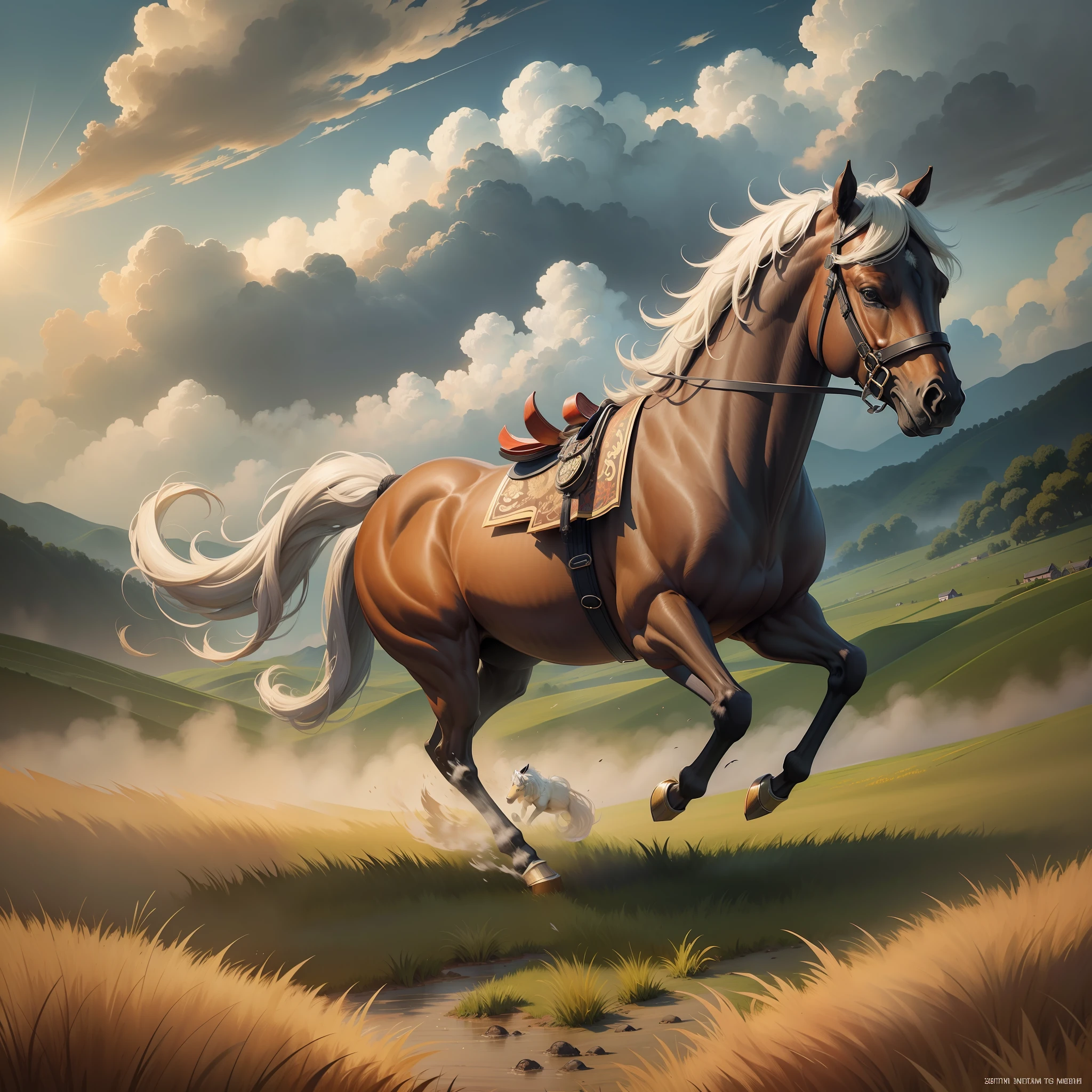 "Chinese painting, Van Gogh style, a galloping horse galloping on the prairie, sunlight shining through the clouds on the grass to form a shadow, so that the horse's mane and legs are well defined."