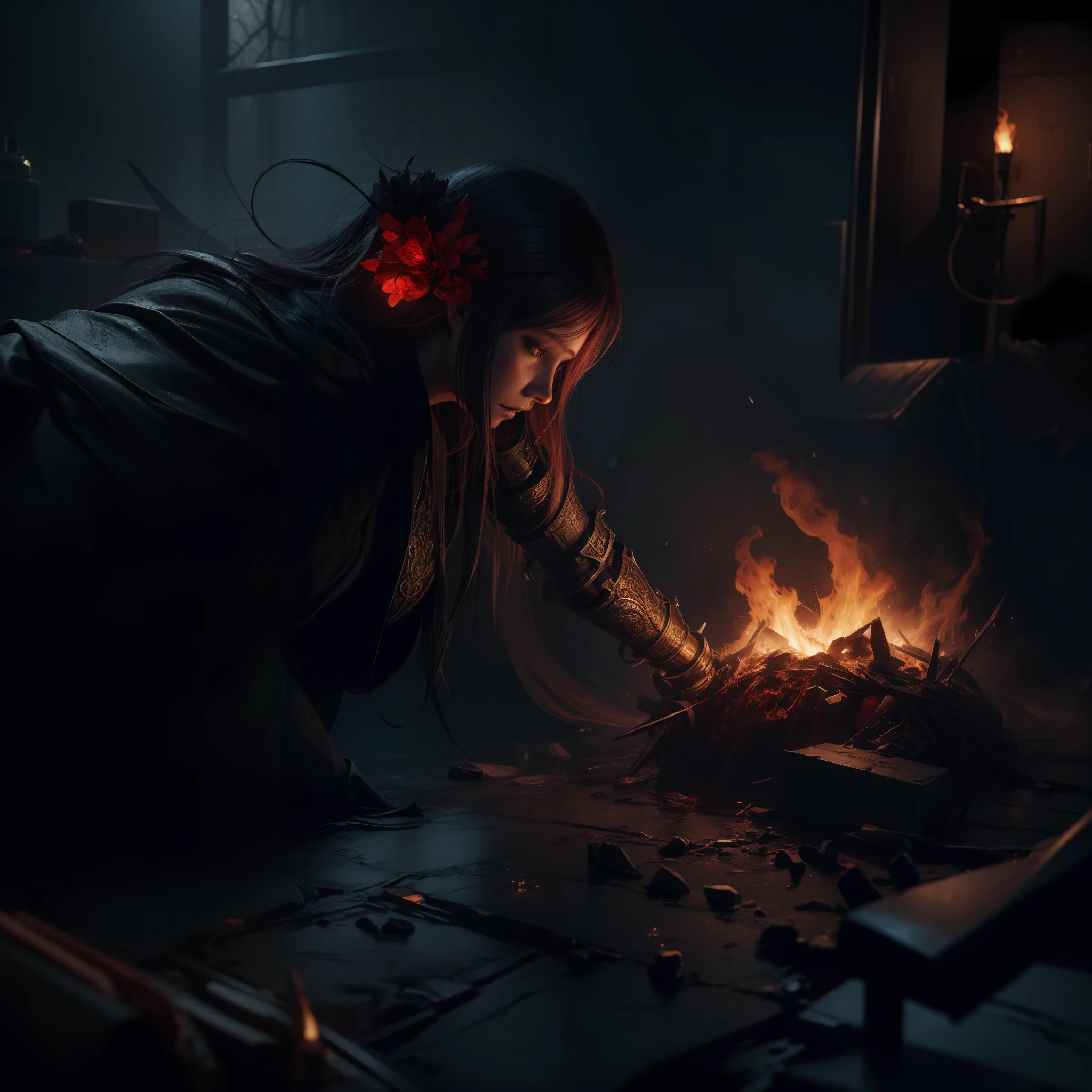 (masterpiece, epic quality, epic realism, ultra resolution, 8K photo unity, epic detail: 1.1), (blood magic: 1.2), Death collects souls, intricate details, dynamic angle, the most beautiful form of chaos, (corpses, bloody whirlwind, ash rain), intricate details, water splashes, fire, rim lighting, soft lighting, (professional photography, photorealism, hyperrealism), ray tracing, HDR