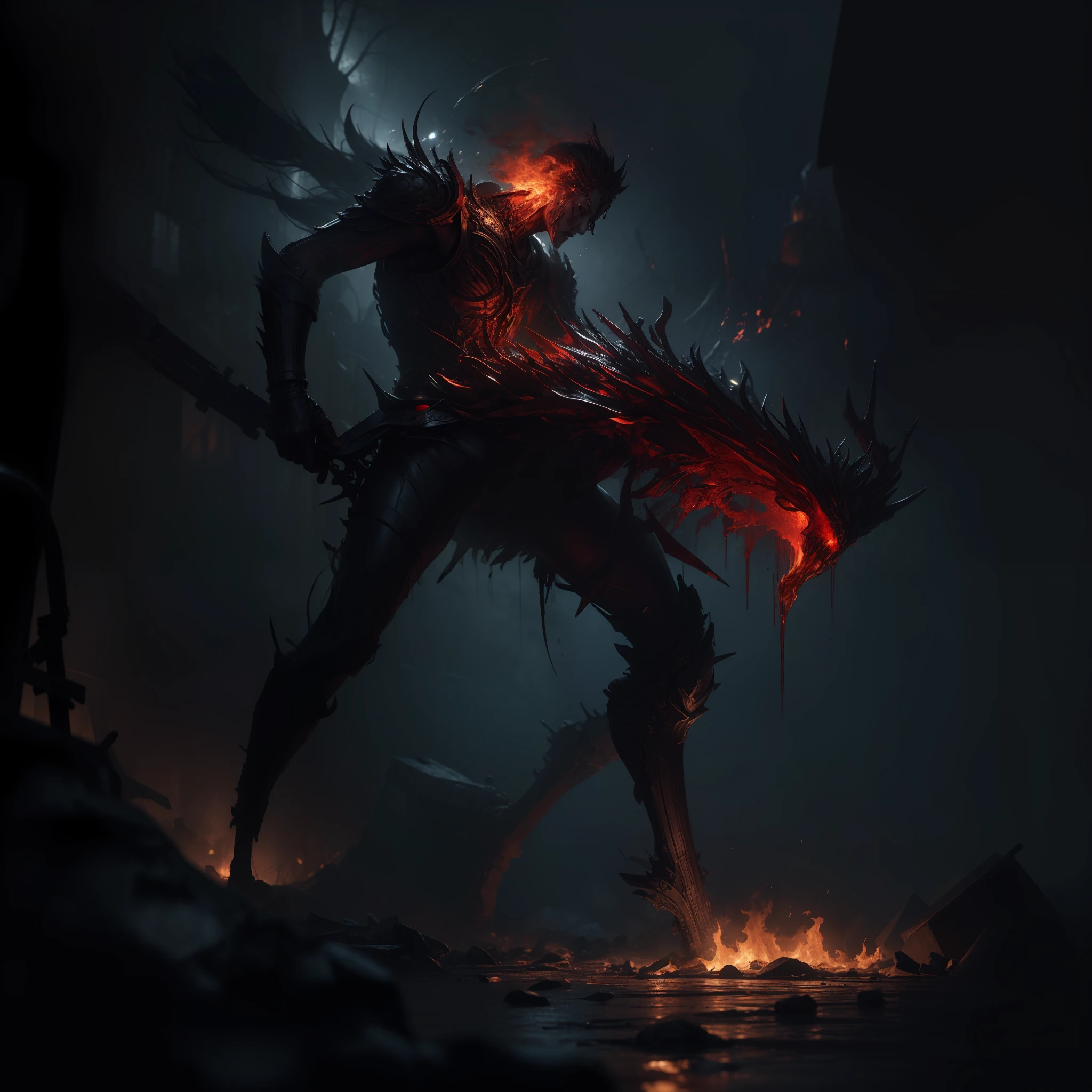 (masterpiece, epic quality, epic realism, ultra resolution, 8K photo unity, epic detail: 1.1), (blood magic: 1.2), Death collects souls, intricate details, dynamic angle, the most beautiful form of chaos, (corpses, bloody whirlwind, ash rain), intricate details, water splashes, fire, rim lighting, soft lighting, (professional photography, photorealism, hyperrealism), ray tracing, HDR