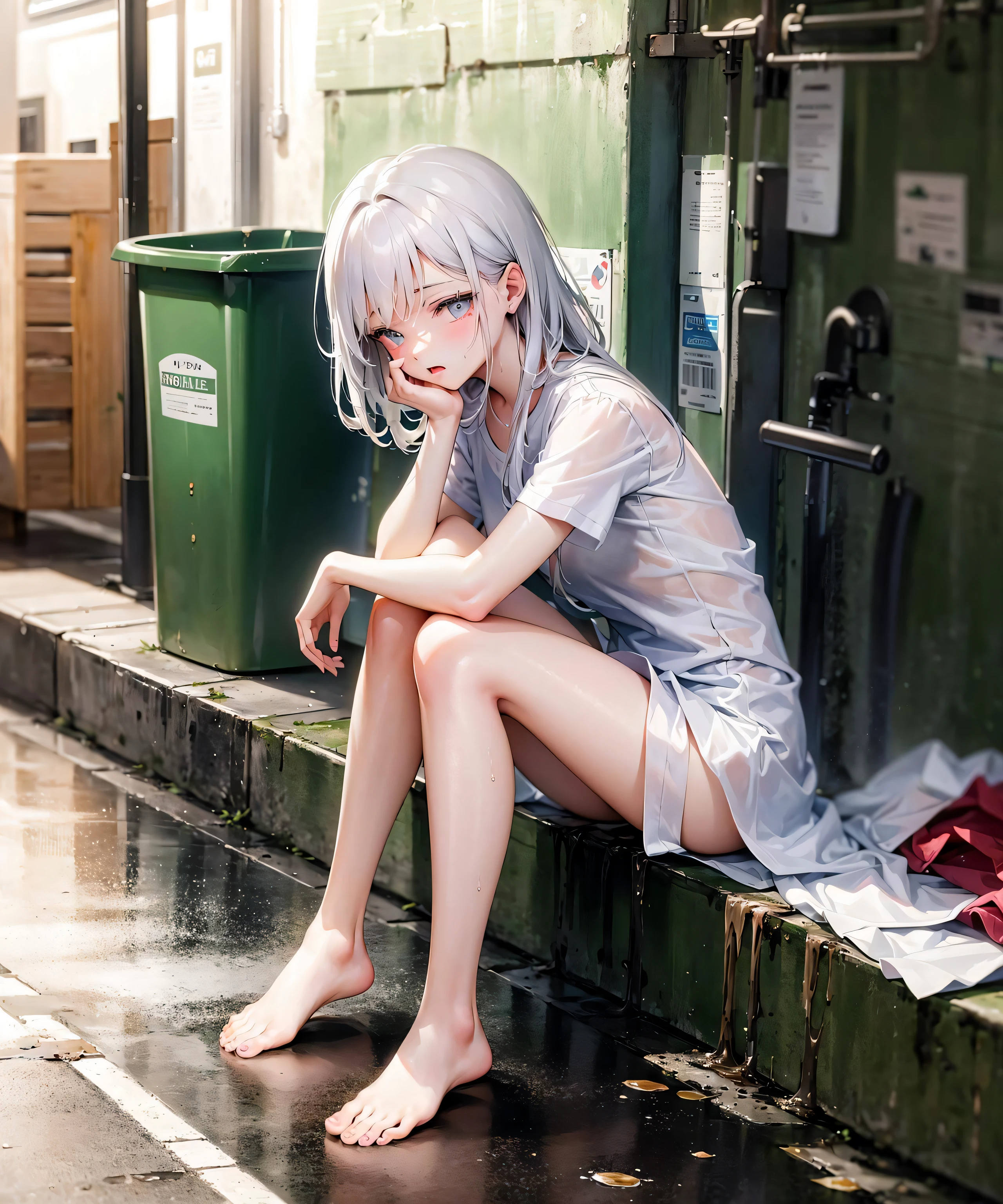 A girl in a school uniform sat on the wet ground in a dirty and cluttered alley, her clothes soaked through from the rain.white pantyhose without shoes,(completely nude:1.4),She was surrounded by overflowing trash bins and piles of garbage, the stench overwhelming.    Tears streamed down her face, her sobs the only sound in the otherwise quiet and desolate alleyway.    The rain continued to fall, drumming against the pavement and mixing with the refuse to create a disgusting slurry at her side.