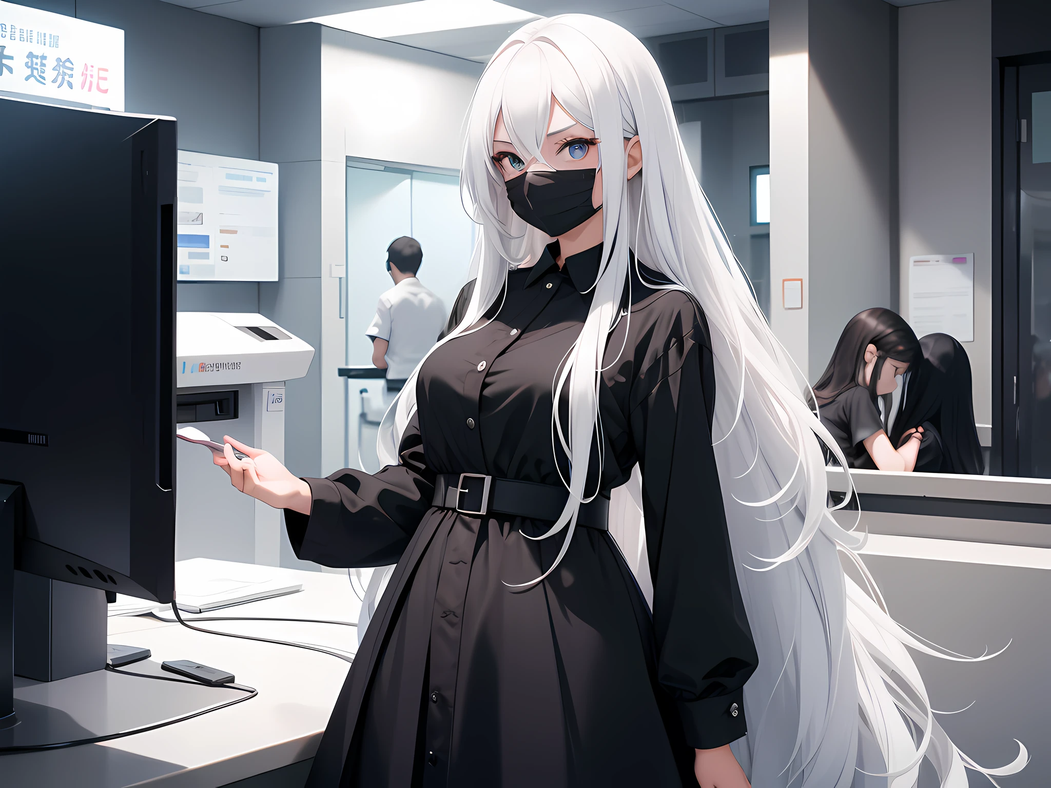 A girl with long white hair in a black dress stands at the hospital counter to complete the discharge formalities