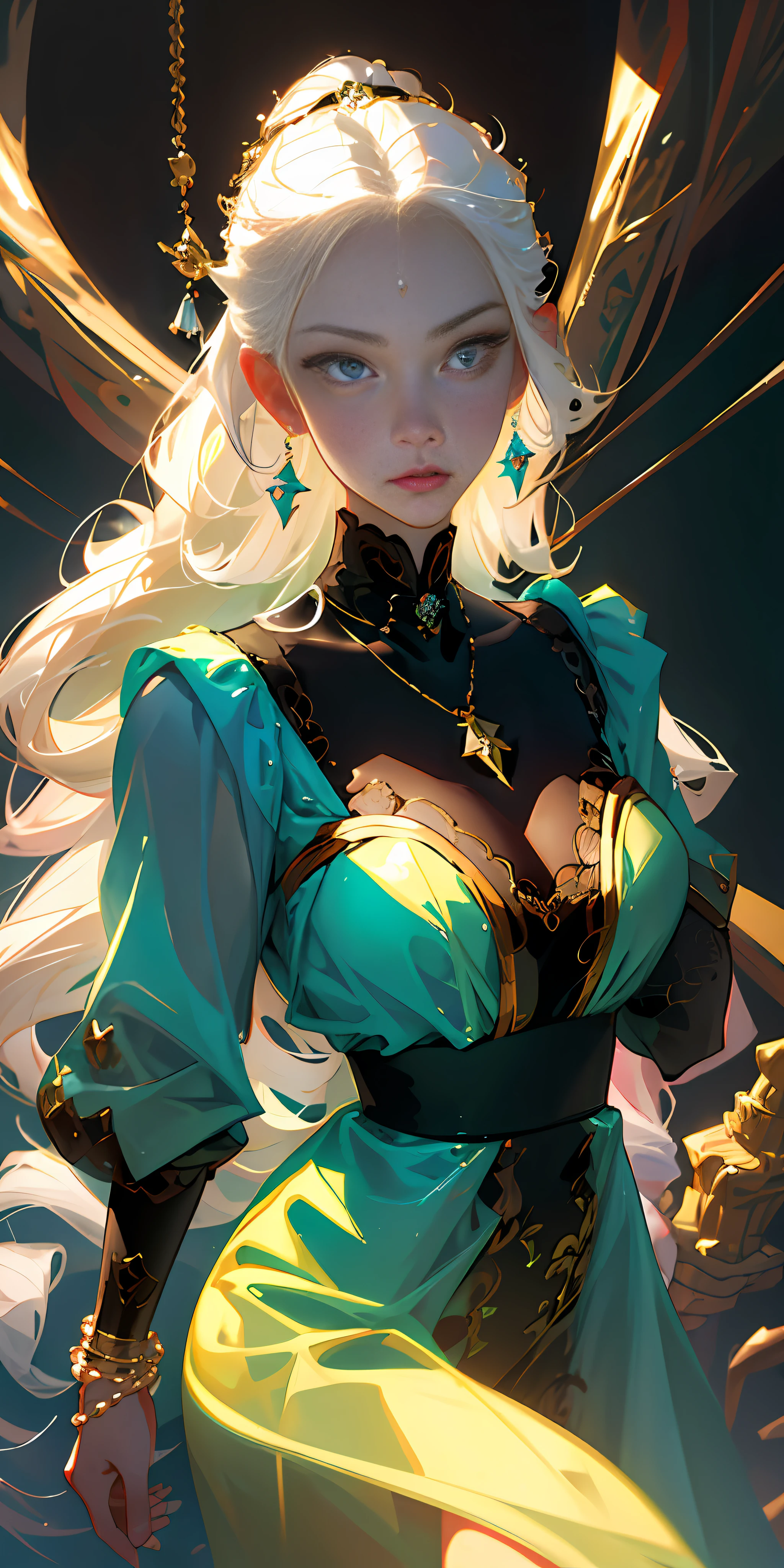 (((multicolored hair, [white hair]))), ultra realistic 8k cg, picture-perfect face, flawless, clean, masterpiece, professional artwork, famous artwork, cinematic lighting, cinematic bloom, perfect face, beautiful face, beautiful eyes, (((perfect female body, narrow waist))), gorgeous queen, royal, divine, goddess, godlike, (royal palace), fantasy, dreamlike, unreal, science fiction, (huge breasts), beautiful clothes, lace, lace trim, lace-trimmed legwear, nsfw, breasts out, absurdly long hair, very long hair, (rich:1.4), prestige, luxury, jewelry, diamond, gold, pearl, gem, sapphire, ruby, emerald, intricate detail, delicate pattern, sexy, charming, alluring, seductive, erotic, enchanting, hair ornament, necklace, earrings, bracelet, armlet, looking at viewer,