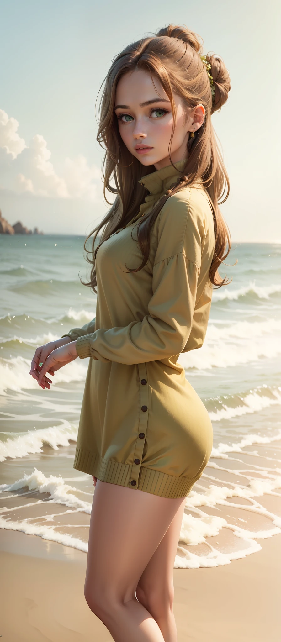 16k, UHD, Hyperrealistic, High detail, best quality, beautiful woman, long sandy brown hair with a small bun on either side of head, short green dress, white button-up sweater worn over dress
