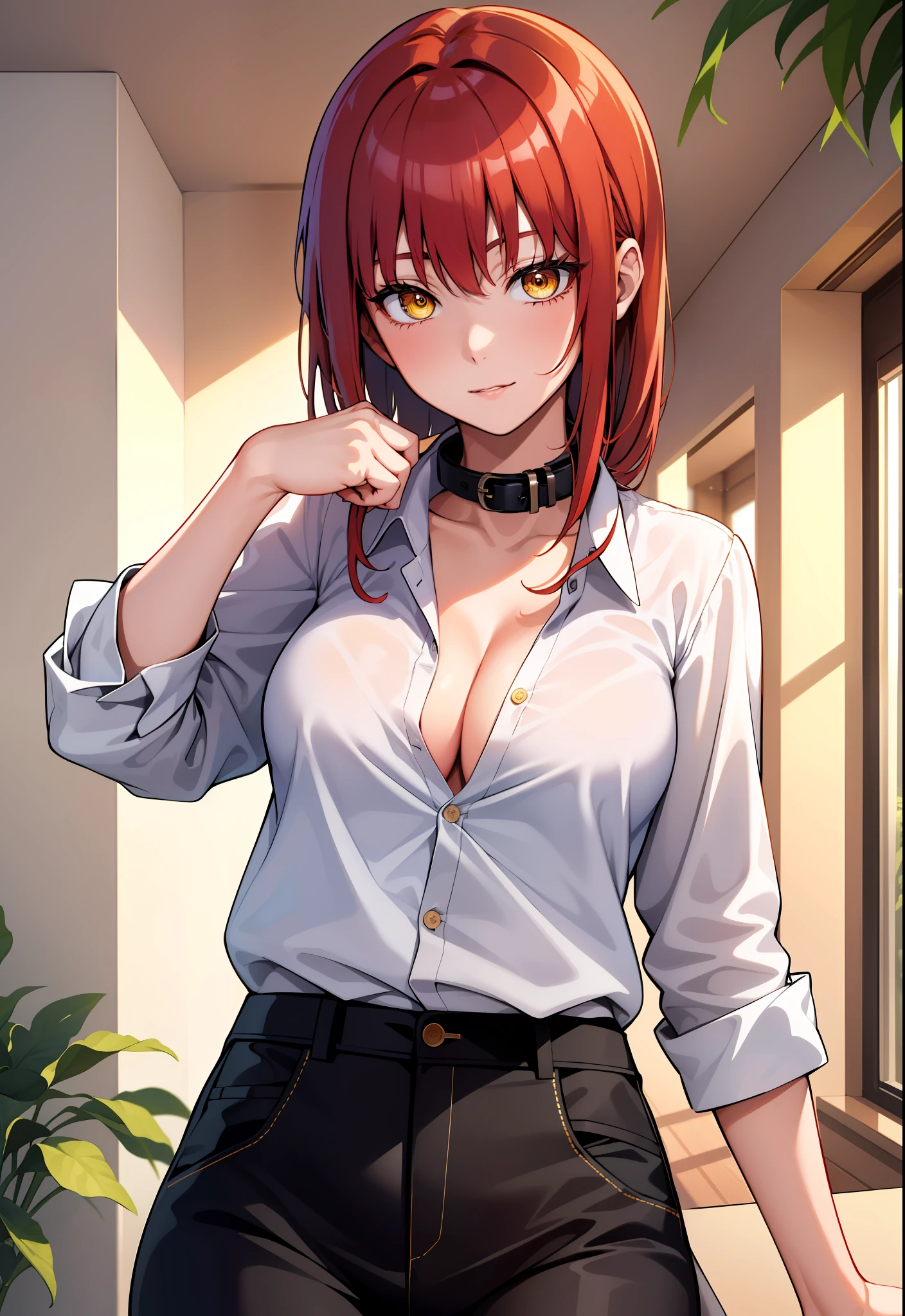 (masterpiece, best quality:1.2), solo, 1girl, red hair, yellow eyes, makima,, unbuttoned shirt with collar, on the chest, a lot of, black unbuttoned pants, wide hips,