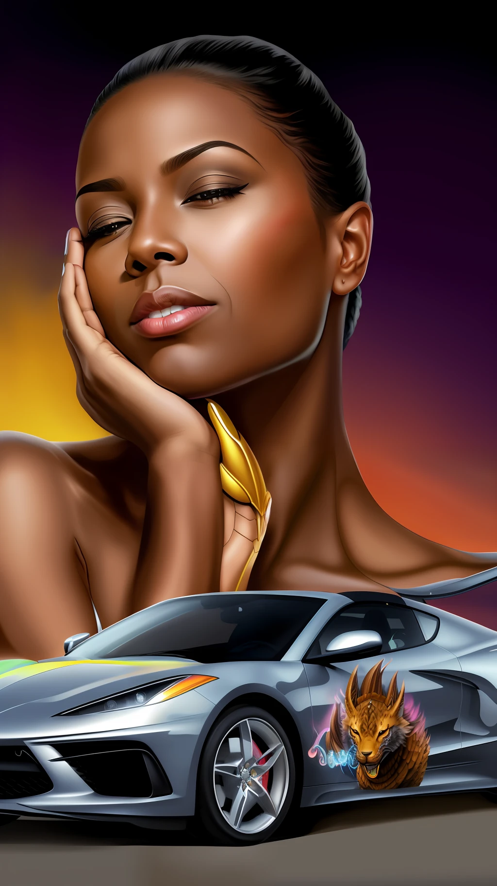 arafed african american woman with a car and a dragon on her face, car portraits, portrait shot, airbrush style, airbrush rendering, stylized digital illustration, side profile art, airbrush digital art, airbrush art, concept, airbrush, publicity photo, car painting, by Zoran Mušič, a colorful airbrush