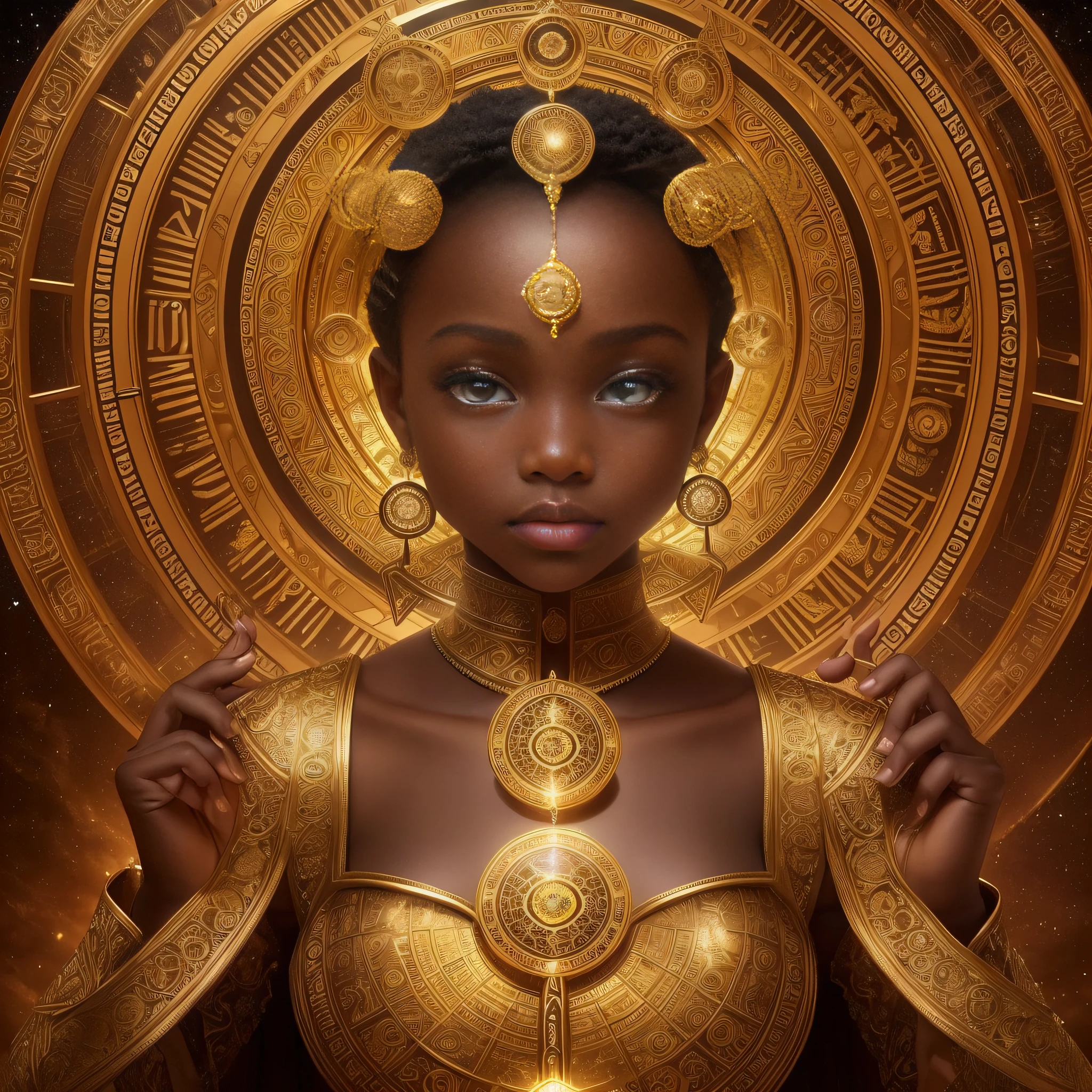 Very detailed, beautiful:1.4, (20 age African girl perfect female theme), (perfect eyes:1.2), posed for a portrait, (translucent aura of zodiac wheel:1.2), (accurate dress), (intricate [urban/ ethereal/space/fantasy ] background), (surreal/horror/romantic atmosphere) dynamic angle, muscular, ethereal, dressed in Armor with gold trim and diamonds.