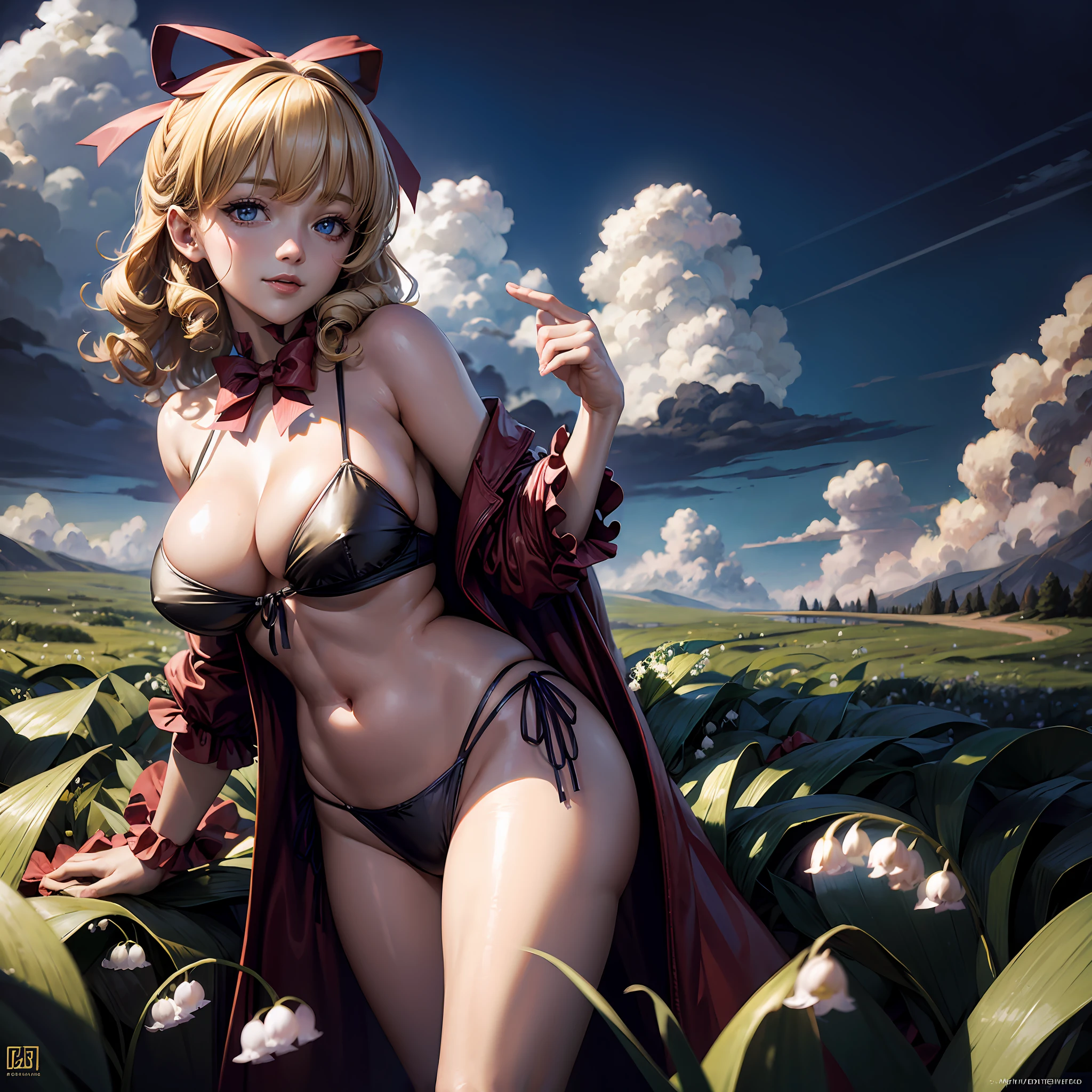 Best quality, masterpiece, ultra high res, (photorealistic:1.4), raw photo, Medicine Melancholy, bikini, huge breasts, wide hips, thick thighs, blonde hair, short hair, curly hair, silver-blue eyes, seductive smile, looking at viewer, voluptuos, red bow, hair bow, (bikini only:1), 1girl, flower field, clouds, blue sky, ((lily-of-the-valley, meadow)), Nameless hill, outside, sunlight, cumulus clouds,