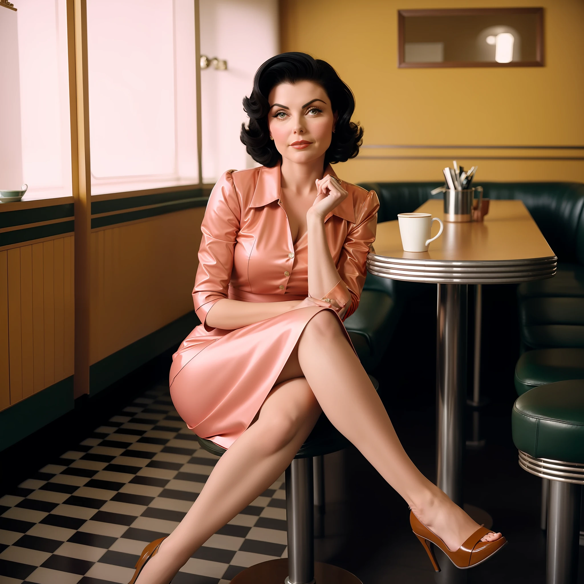 Sherilyn Fenn, latex skirt, legs, thighs, coffee, sitting, body shot, wes Anderson, sophisticated