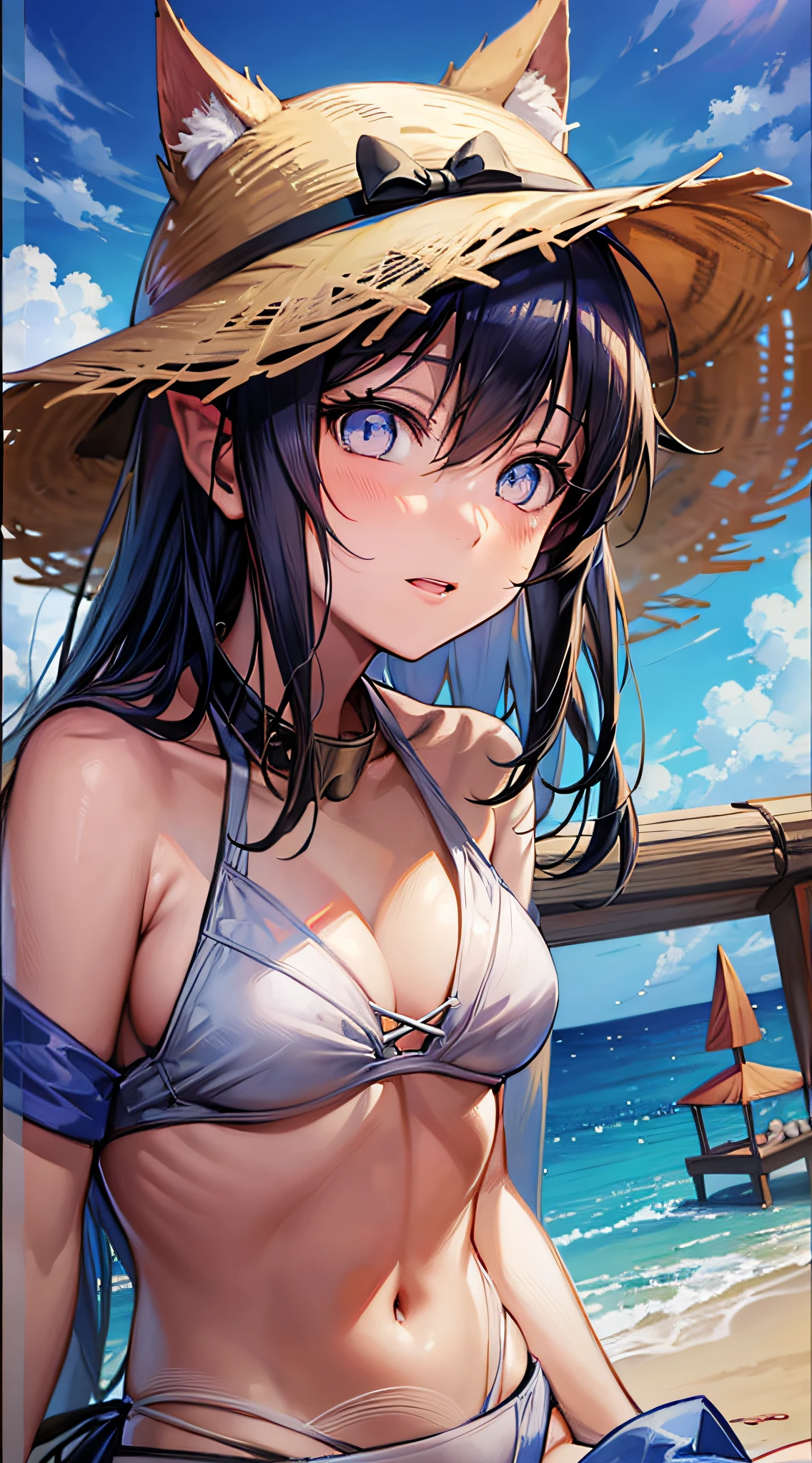 Bikini anime cat-eared girl sitting on the beach wearing hat, beautiful anime cat-eared girl, Makoto Shinkai and artgerm, straw hat, charming anime cat-eared girl, (anime girl), Kantai collection style, white bikini,small,Makoto Shinkai art style, beautiful anime cat-eared woman, marin Kitagawa fan art, high quality anime art style, Cute anime girls, 4K manga wallpapers