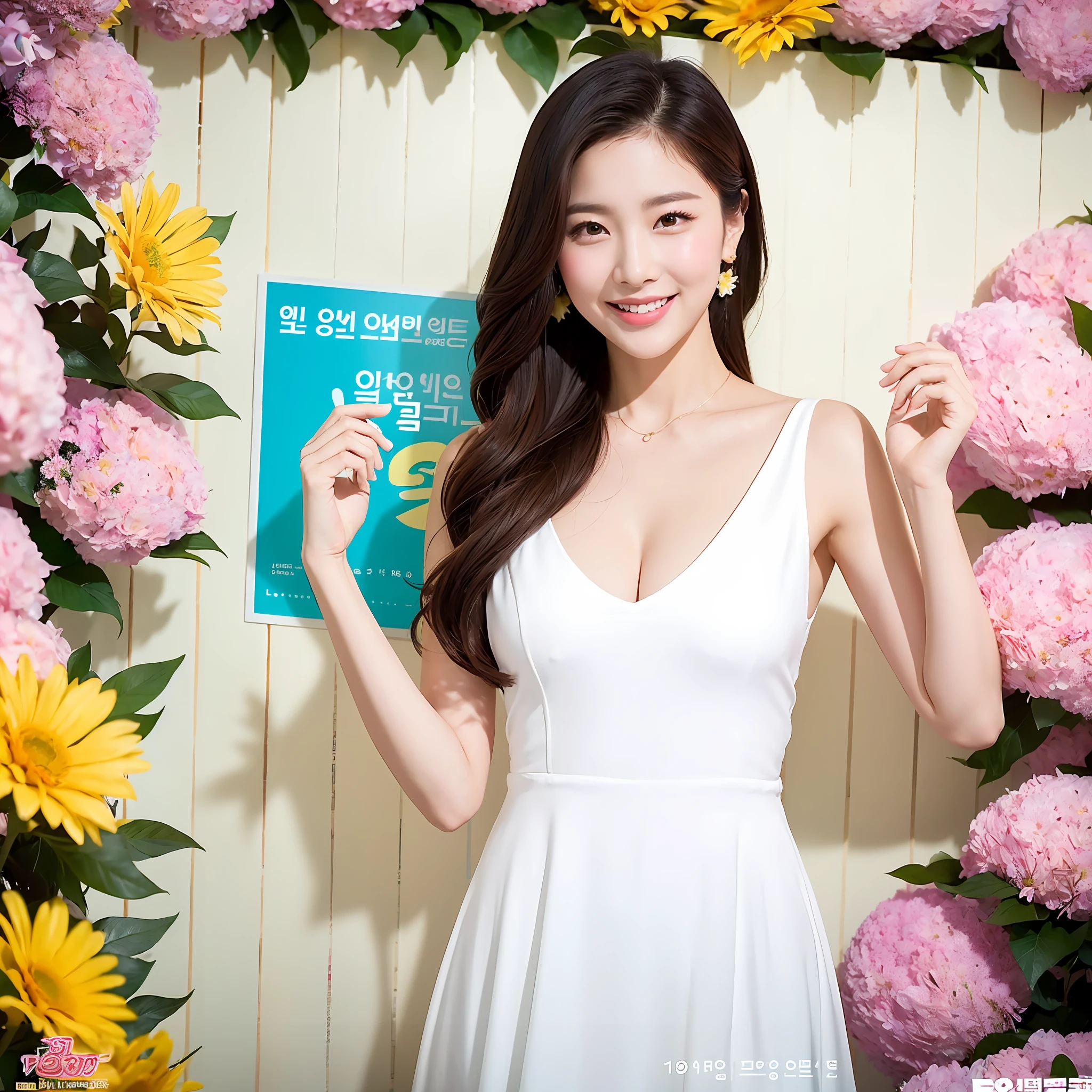 (Best Light: 1.2, Cute Korean Girl: 1.2, [White Dress: 1.3], Colorful Flower Wall, Movie Poster, Elegant and Colorful: 1.1, Bright and Attractive: 1.1, [Ultra-detailed: 1.2+Dynamic Pose + Delicate: 1.2],), Big breasts, smiling, flanked by five-colored flowers, background wall is a flower wall dominated by pink