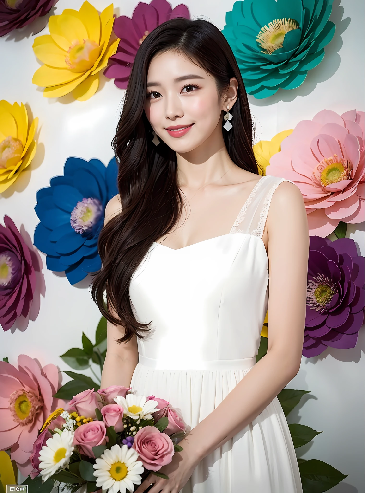 (Best light: 1.2, cute Korean girl: 1.2, [white dress: 1.3], flower wall composed of flowers, various flowers are normally distributed, elegant and colorful: 1.1, bright and moving: 1.1, [ultra-detailed: 1.2 + dynamic pose + delicate: 1.2],), big breasts, smiling lips, holding a multicolored bouquet, the background wall is a multicolored flower wall