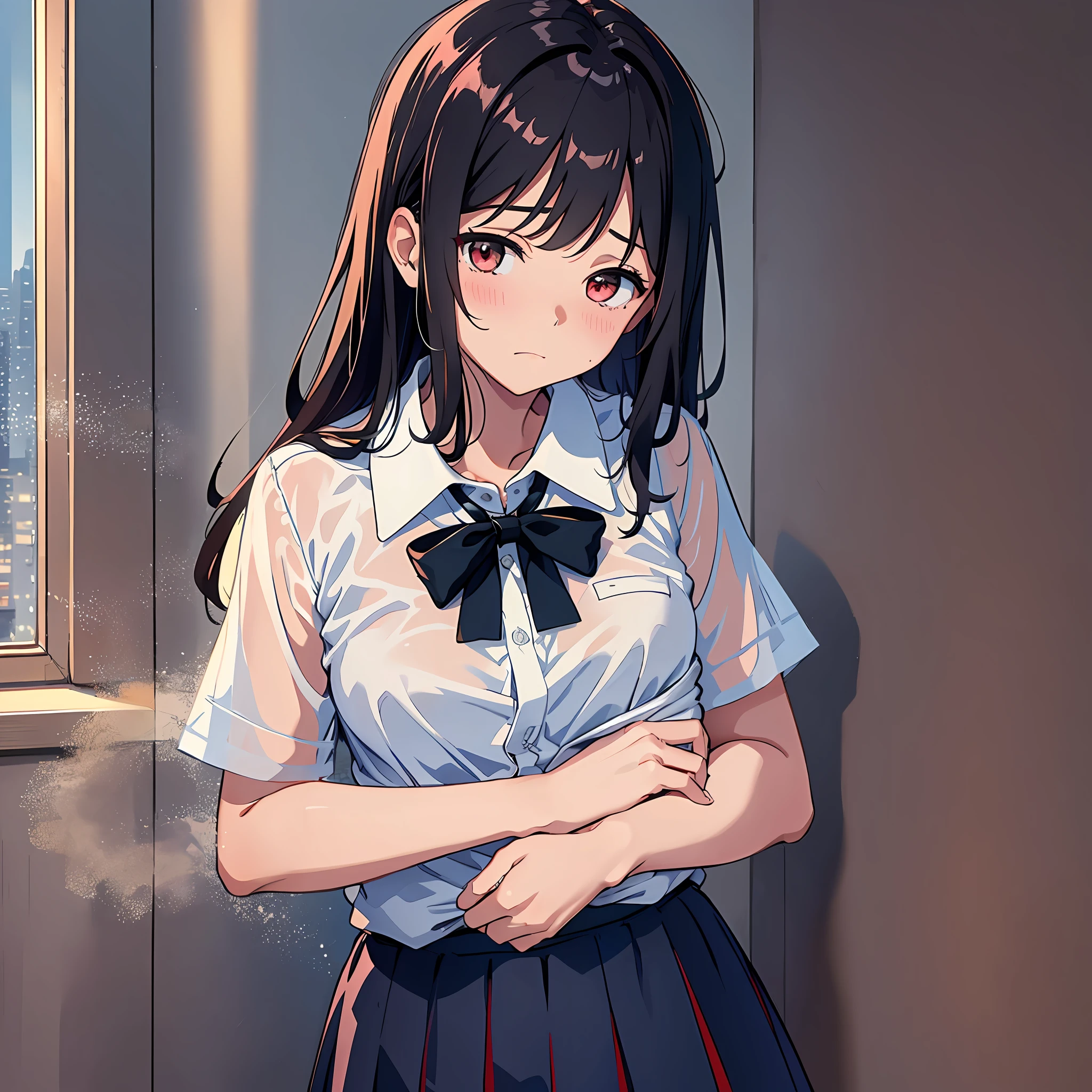 Sister, wearing school uniform, wet and bra see-through, 8K, best quality, , looking at camera, cheeks red, embarrassed, delicate hands, own room, liking brother, hugging brother