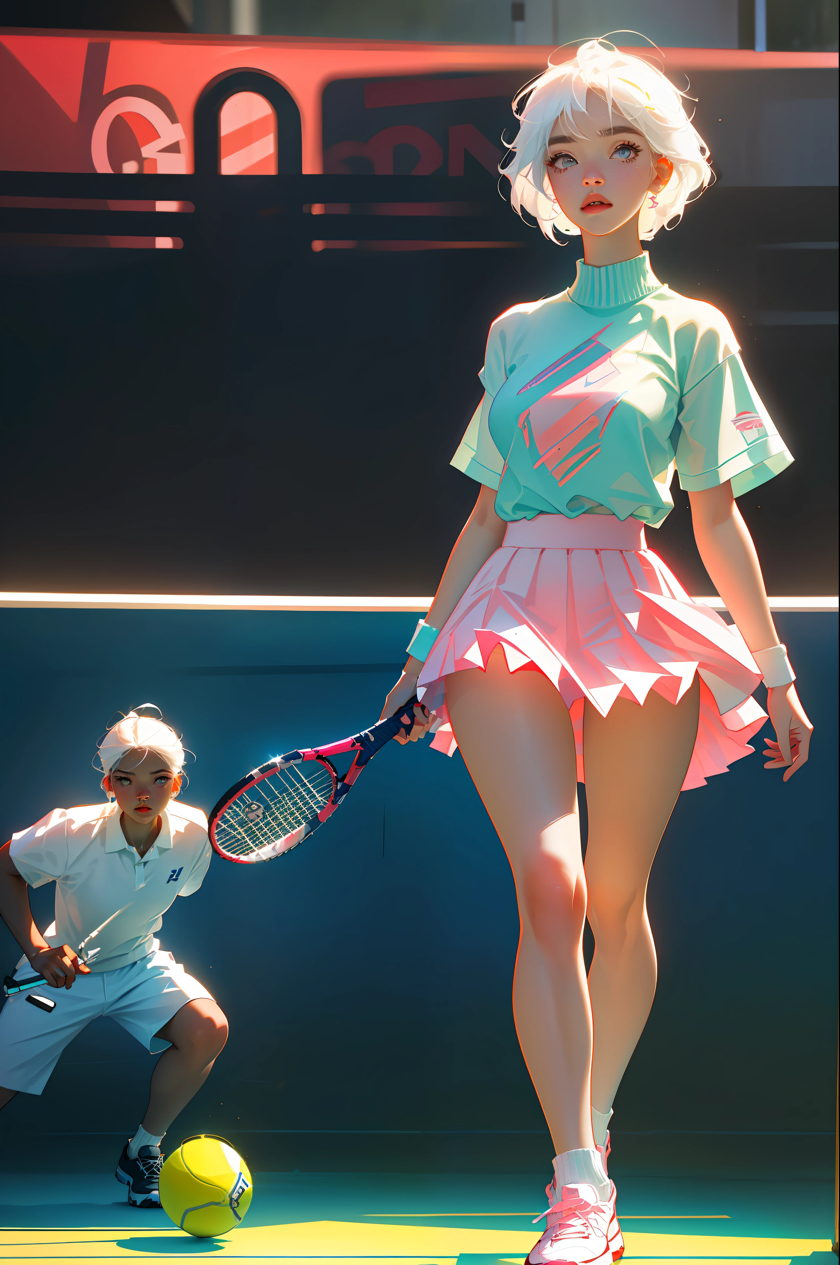 Highest quality, perfect masterpiece, perfect art, 8K, (young and energetic girl, tennis, wearing pink-blue-red color-block sneakers, urban tennis style dressing, top is clean babes white T-shirt, light blue pleated skirt, socks with white as the main color pink stripes, with tennis rackets, the environment is a tennis court; The weather is clear and cloudy; The overall color tone is bright; thick coating style; , delicate face, white hair girl, (white hair: 1.3), medium and short hair, (black background: 1.3), pearl illusion, cyberpunk, fashion trends, 3s material, HD, detail performance, c4d, 3D, octane rendering, ray tracing, complex details, animated lighting, OCrenderer, 8k,