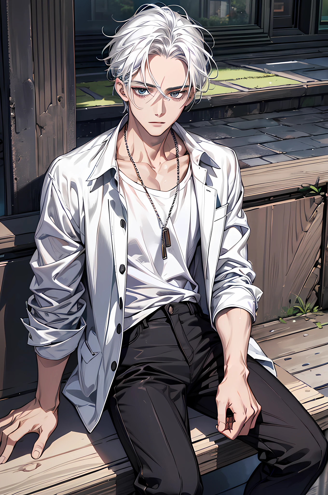 (absurdres, highres, ultra detailed, HDR), masterpiece, best quality, 1boy, solo, handsome, white hair, finely eye and detailed face, forehead, ((loose white t-shirt)), ((black jacket)), look at viewer, ear piecing, sitting on bench, park in background