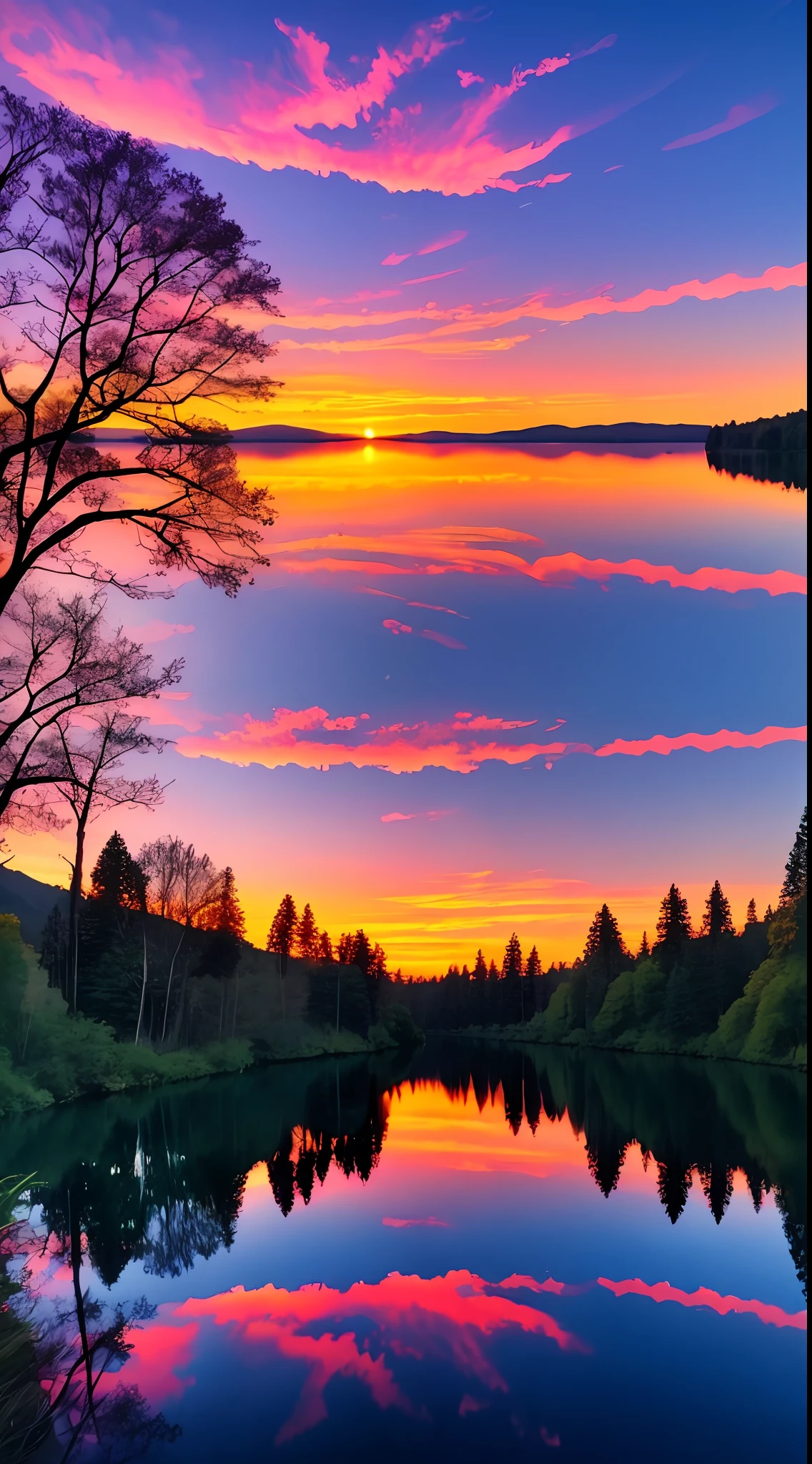 there is a beautiful sunset with a lake and trees in the background, colorful skies, surreal colors, colorful sunset, colorful sky, marvellous reflection of the sky, stunning sky, dream like atmosphere 8k, colorful clouds, colors reflecting on lake, surreal sky, red and blue reflections, fire reflection, beautiful sky, beautiful and spectacular dusk, beautiful dreamy landscape, amazing sky