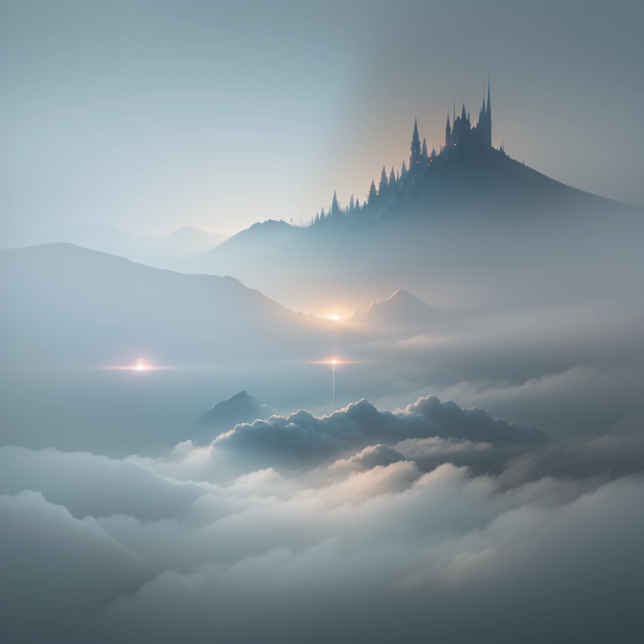 A dreamy and ethereal scene with a weightless and floating feeling. Mist and fog are enveloping the surroundings, creating a hazy and surrealist atmosphere. The view is nebulous and almost abstract, making it seem like something from the subconscious or an unearthly world.
