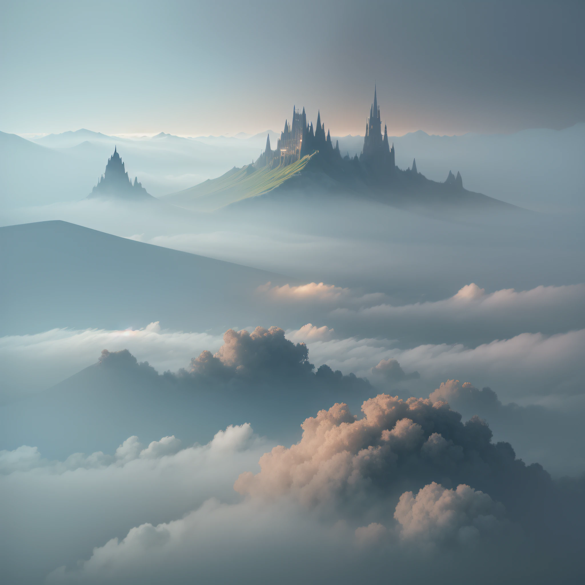 A dreamy and ethereal scene with a weightless and floating feeling. Mist and fog are enveloping the surroundings, creating a hazy and surrealist atmosphere. The view is nebulous and almost abstract, making it seem like something from the subconscious or an unearthly world.