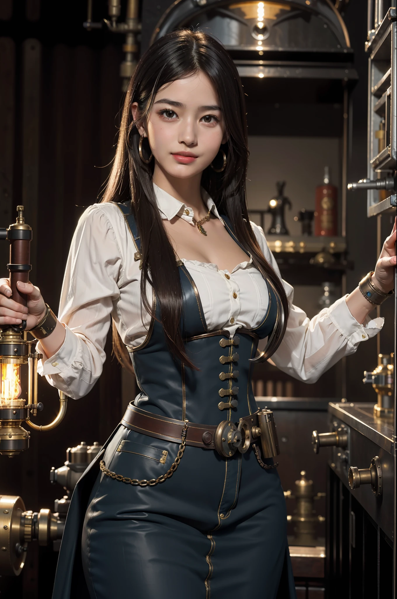 Best Quality, Masterpiece, Ultra High Resolution, Steampunk, Bronze City, Robotic Arm, Heavy Machinery, Steam Engine, Classical British Style, 1girl, 14 years old beautiful girl, Tifa, Asian face, British costume, monocle, alchemist, smile, upper teeth,