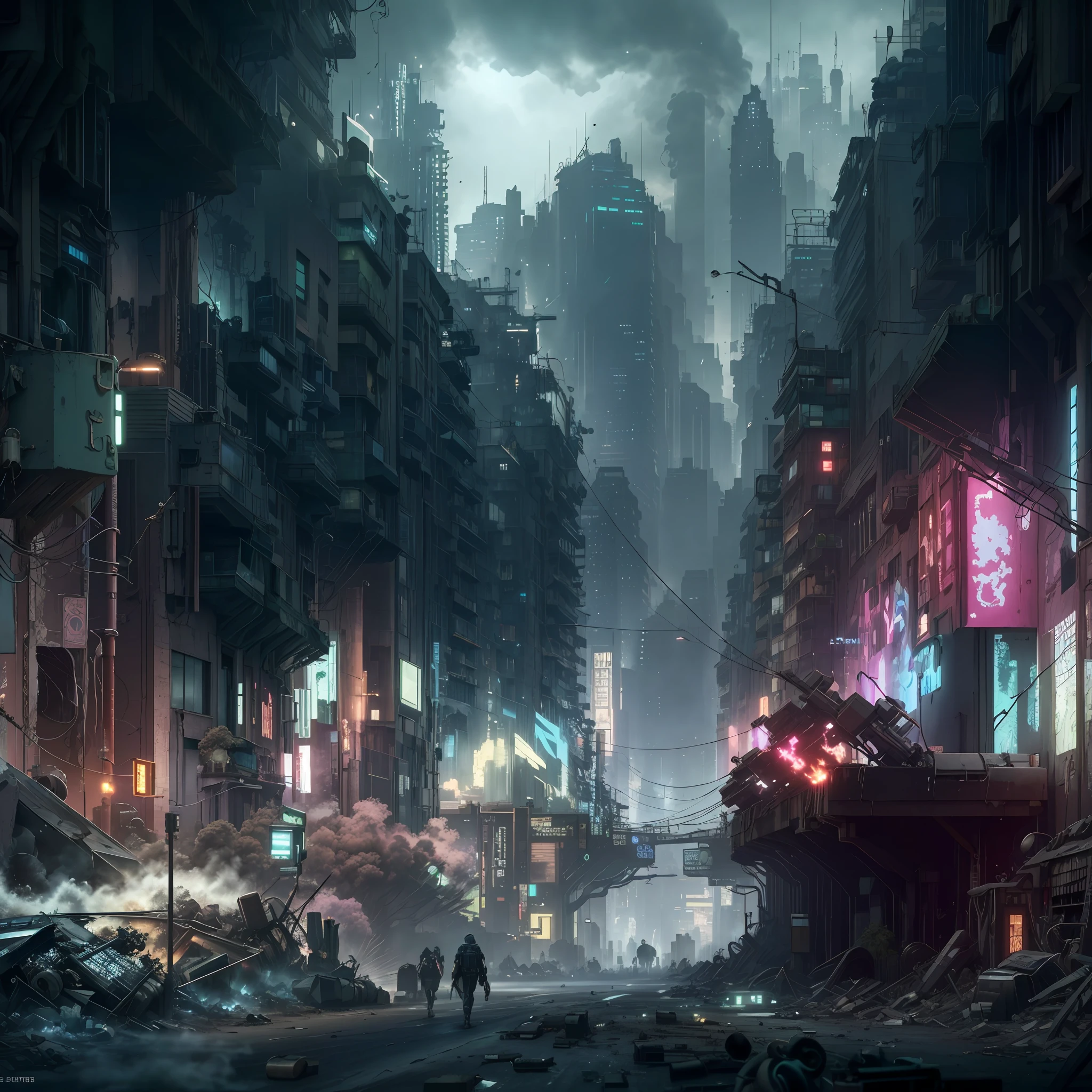 there is a picture of a city street with a lot of buildings, digital concept art of dystopian, dirty cyberpunk city, cyberpunk apocalyptic city, post - apocalyptic city streets, cyberpunk city abandoned, dystopian scifi apocalypse, dystopian cyberpunk city, dark cyberpunk metropolis, dark fantasy city, dire cyberpunk city, apocalyptic city, destroyed city, cyberpunk dark fantasy art, dark futuristic city, cyberpunk street