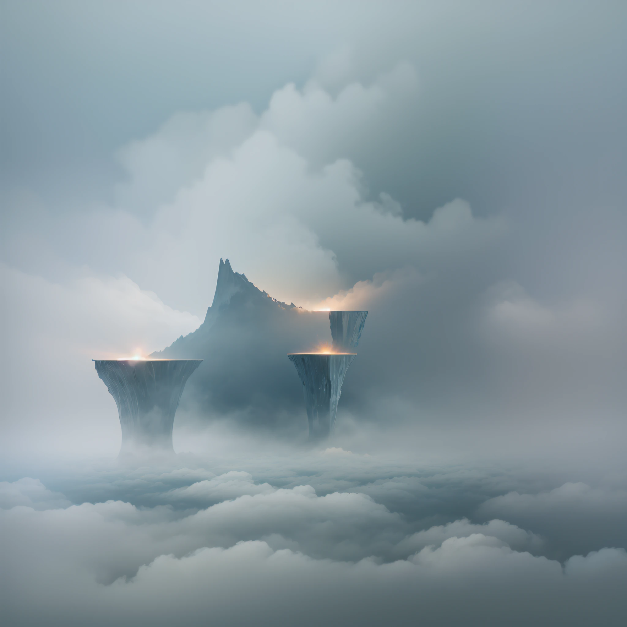 A dreamy and ethereal scene with a weightless and floating feeling. Mist and fog are enveloping the surroundings, creating a hazy and surrealist atmosphere. The view is nebulous and almost abstract, making it seem like something from the subconscious or an unearthly world.