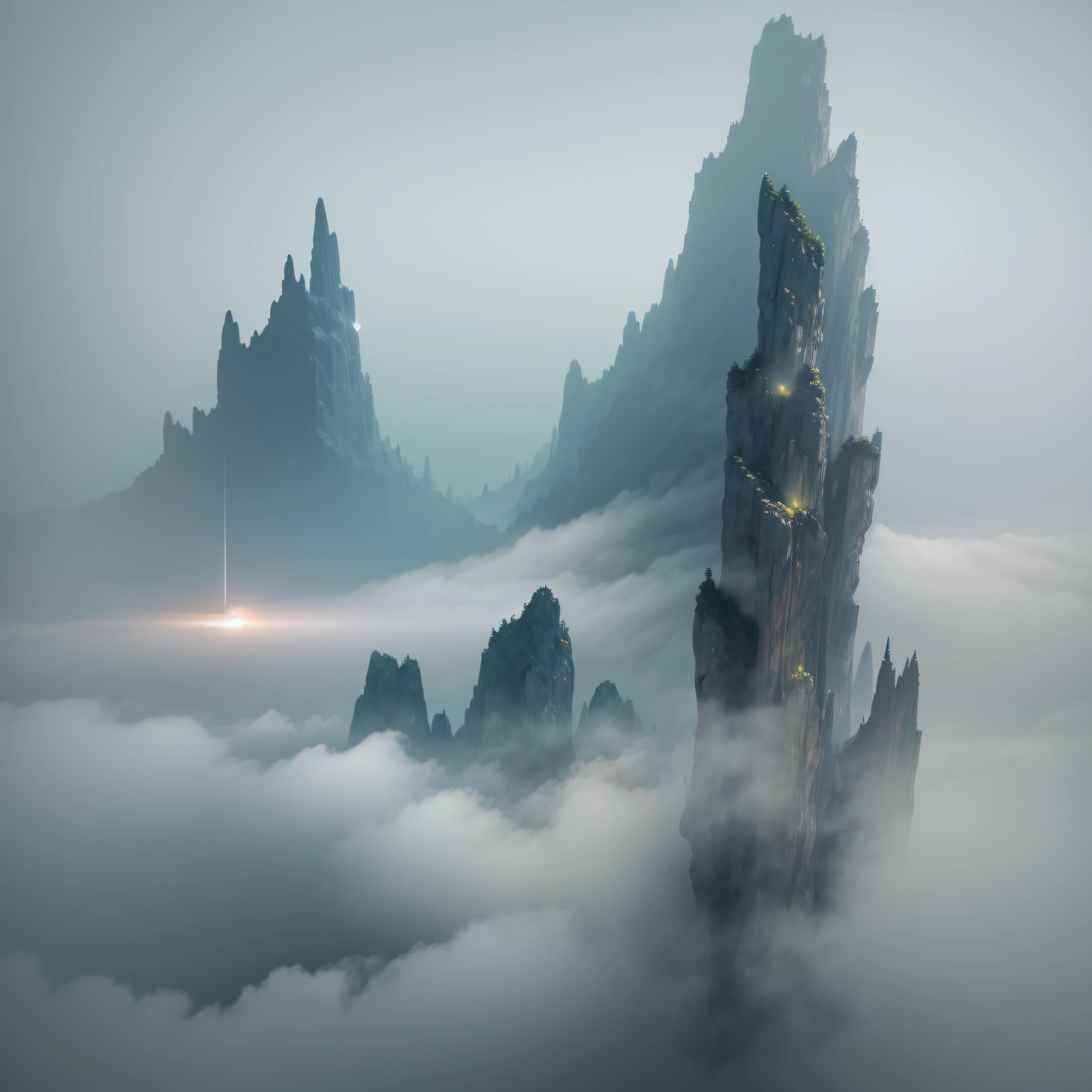 A dreamy and ethereal scene with a weightless and floating feeling. Mist and fog are enveloping the surroundings, creating a hazy and surrealist atmosphere. The view is nebulous and almost abstract, making it seem like something from the subconscious or an unearthly world.