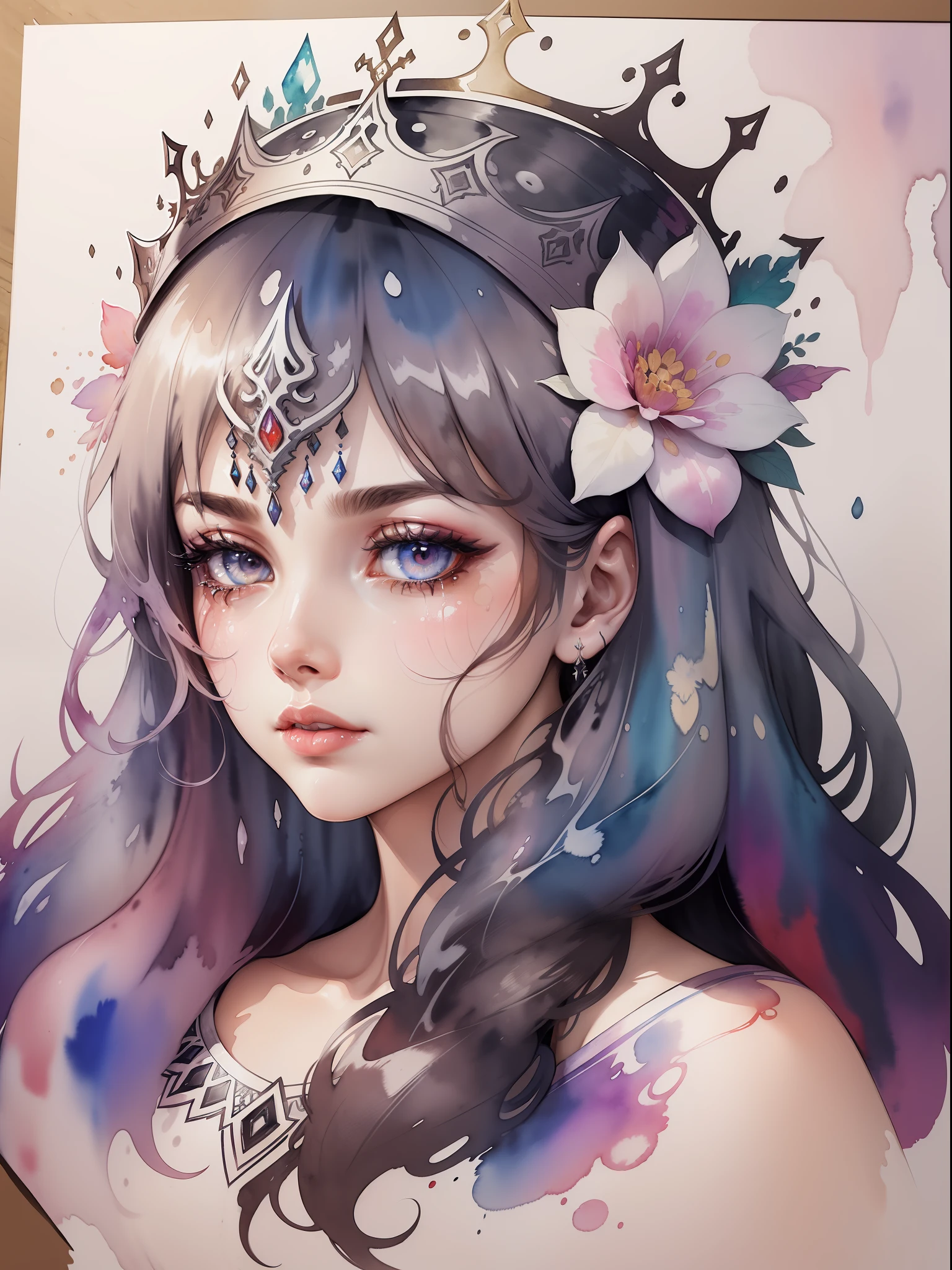 (rough hand-made sketch) glamourous, complex and hyperdetailed lineart, watercolor illustration of a woman's head with a crown made of flowers, tetradic colors, colorful, extremely detailed dark brown eyes, beautiful eyes, completely centered image, (white background with watercolor splash), focus on face lines, ((dripping watercolor)) ink contours, 32k, best quality