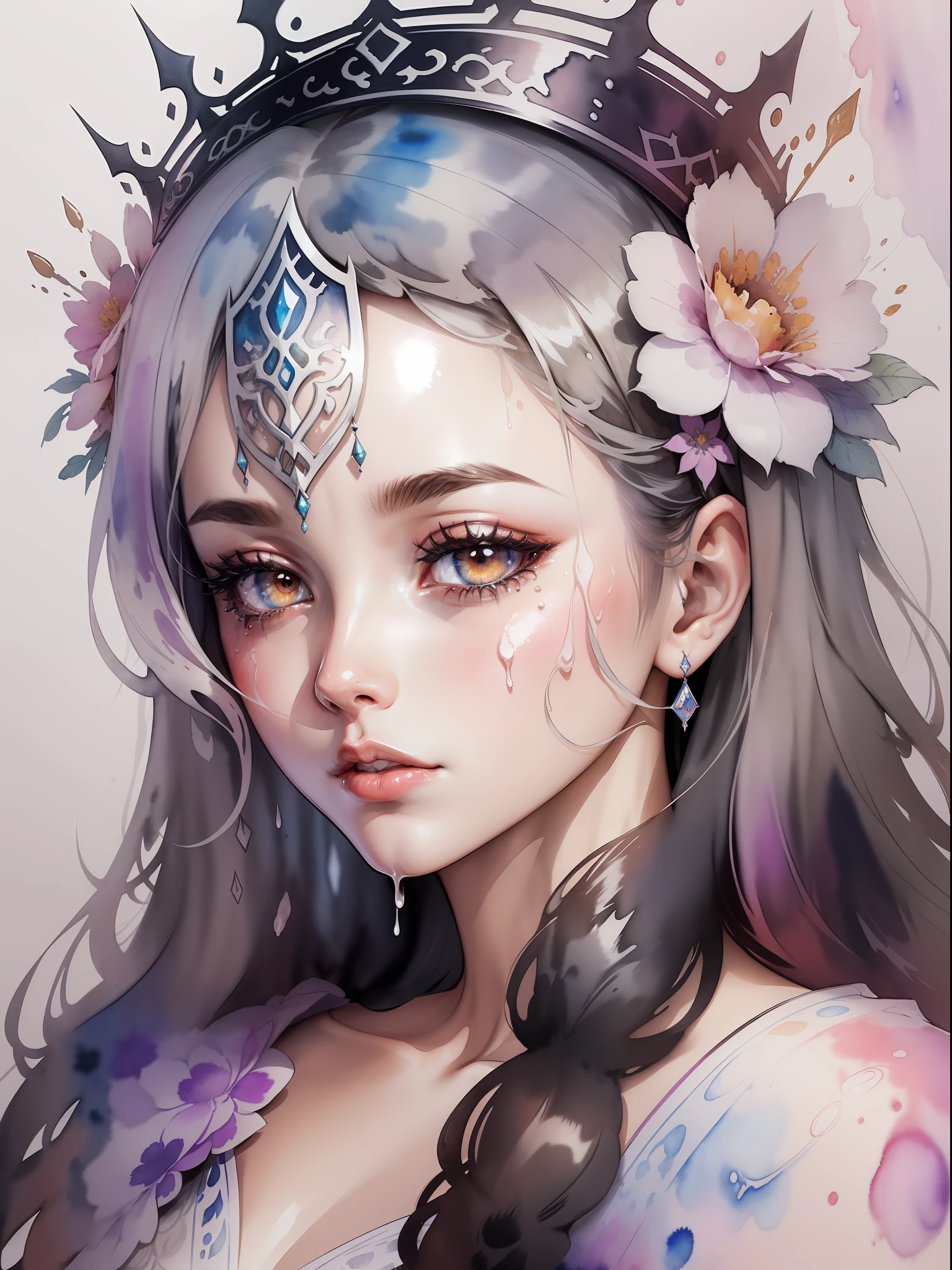 (rough hand-made sketch) glamourous, complex and hyperdetailed lineart, watercolor illustration of a woman's head with a crown made of flowers, tetradic colors, colorful, extremely detailed dark brown eyes, beautiful eyes, completely centered image, (white background with watercolor splash), focus on face lines, ((dripping watercolor)) ink contours, 32k, best quality