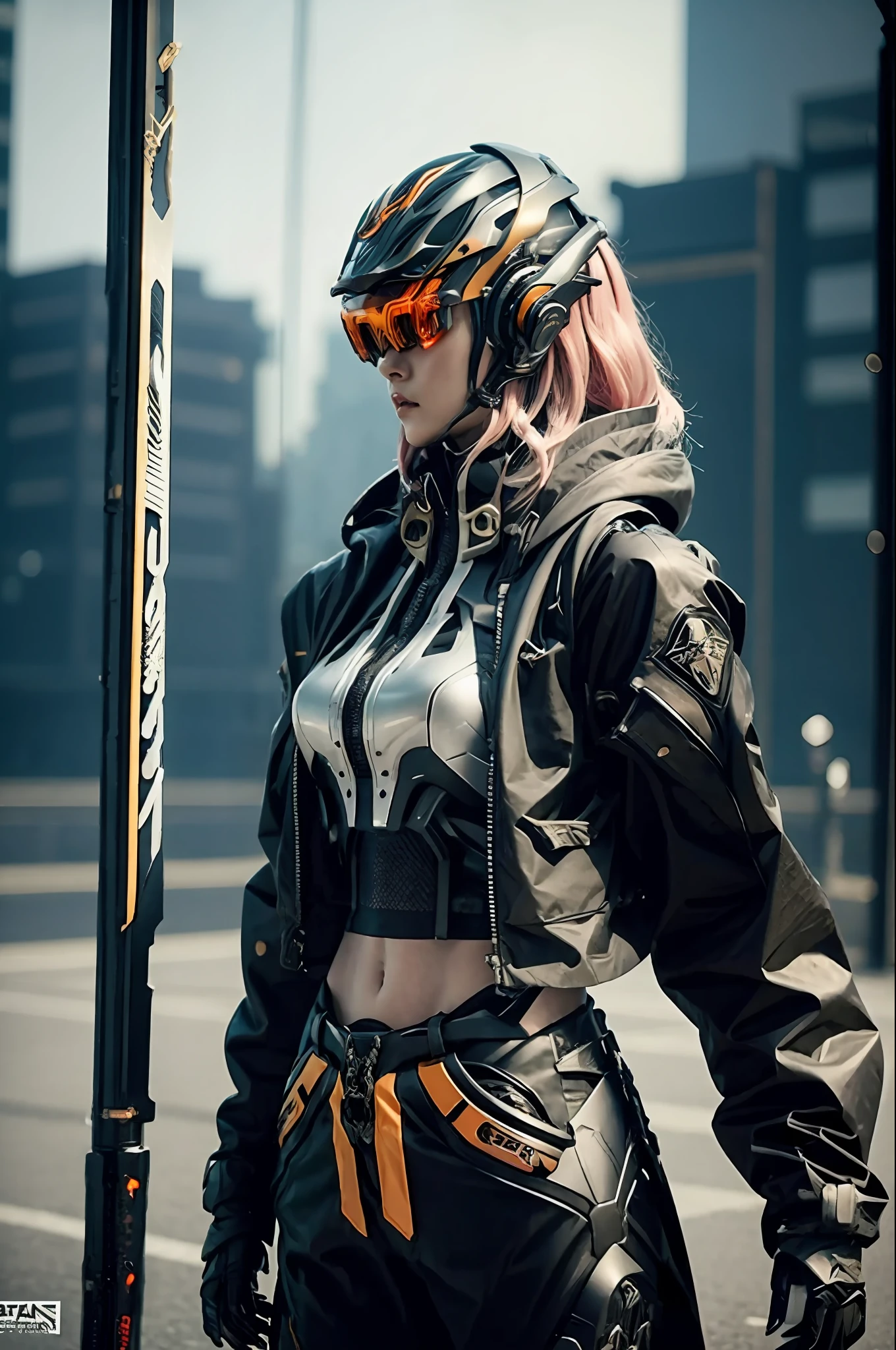 Close up face, half body, 18 year old girl, wearing Tank-top samurai girl, crop top, tech wear jacket, tactical baggy pant, backpack, katana, samurais, 1 girl, solo, half body view, perfect face, yellow hair, pink hair, vr headset, Vr samurai, vr glasses, white and orange techwear, vest, techwear japan, hyper realistic, film grain, 1 japanese girl, WARFRAME, intricate pattern, heavy metal, energy lines, faceless, glowing eyes, elegant, intense, blood red and black uniform, solo, modern, city, streets, dark clouds, thunderstorm, heavy rain,
dramatic lighting,
(masterpiece:1.2), best quality, high resolution, beautiful detailed, extremely detailed, perfect lighting,
