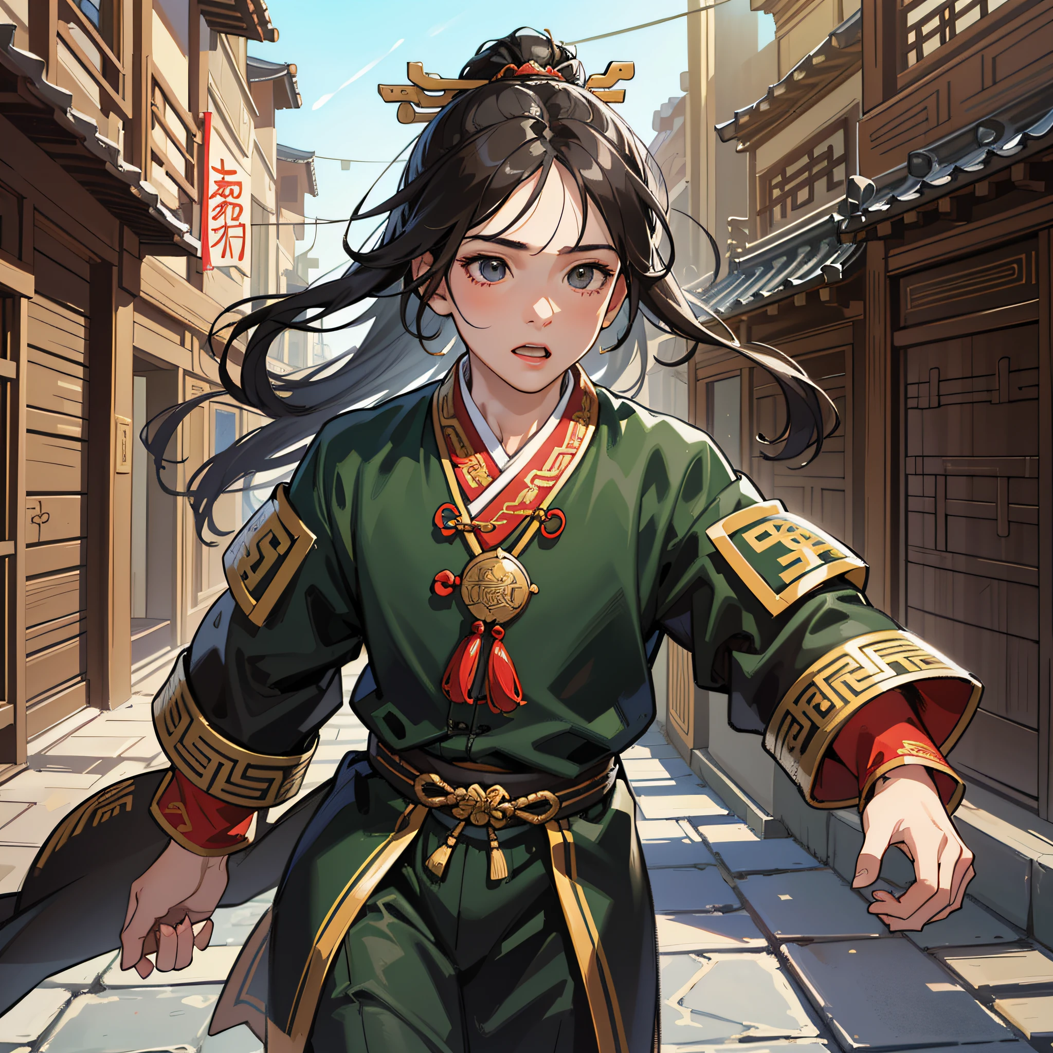 Masterpiece, high quality, best quality, beautiful, hd, realistic, perfect lighting, detailed face, detailed body, ((1 boy: 10 years old)), solo, running around the ancient street, long black hair, Tang dynasty clothing, (Tang dynasty, ancient China), ancient background