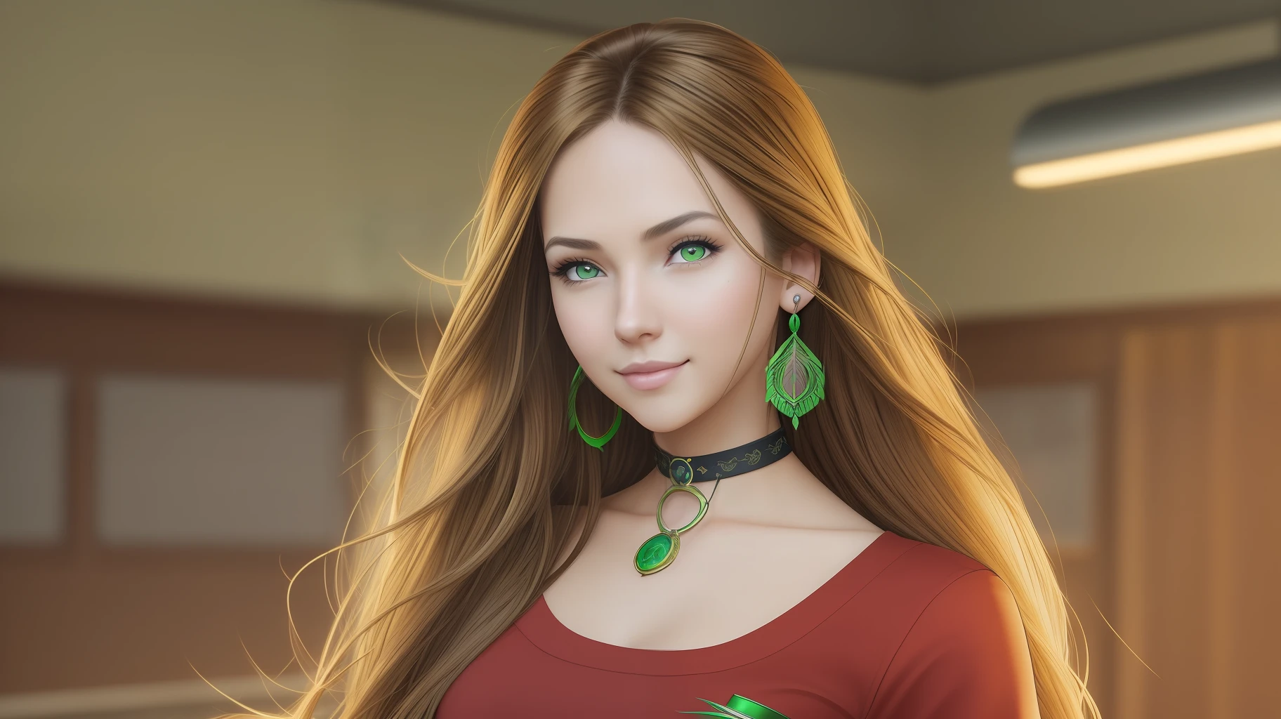 masterpiece, Real photo, (rachelamber:1.4), (detailed brown long hair:1.2), (detailed green eyes:1.2), (detailed skin:1.2), choker, (Red shirt:1.2), feather earring, (beautiful face:1.3), (small nose:1.2), (smiling:1.1), Volumetric Lights, parallax effect, school background, --auto --s2
