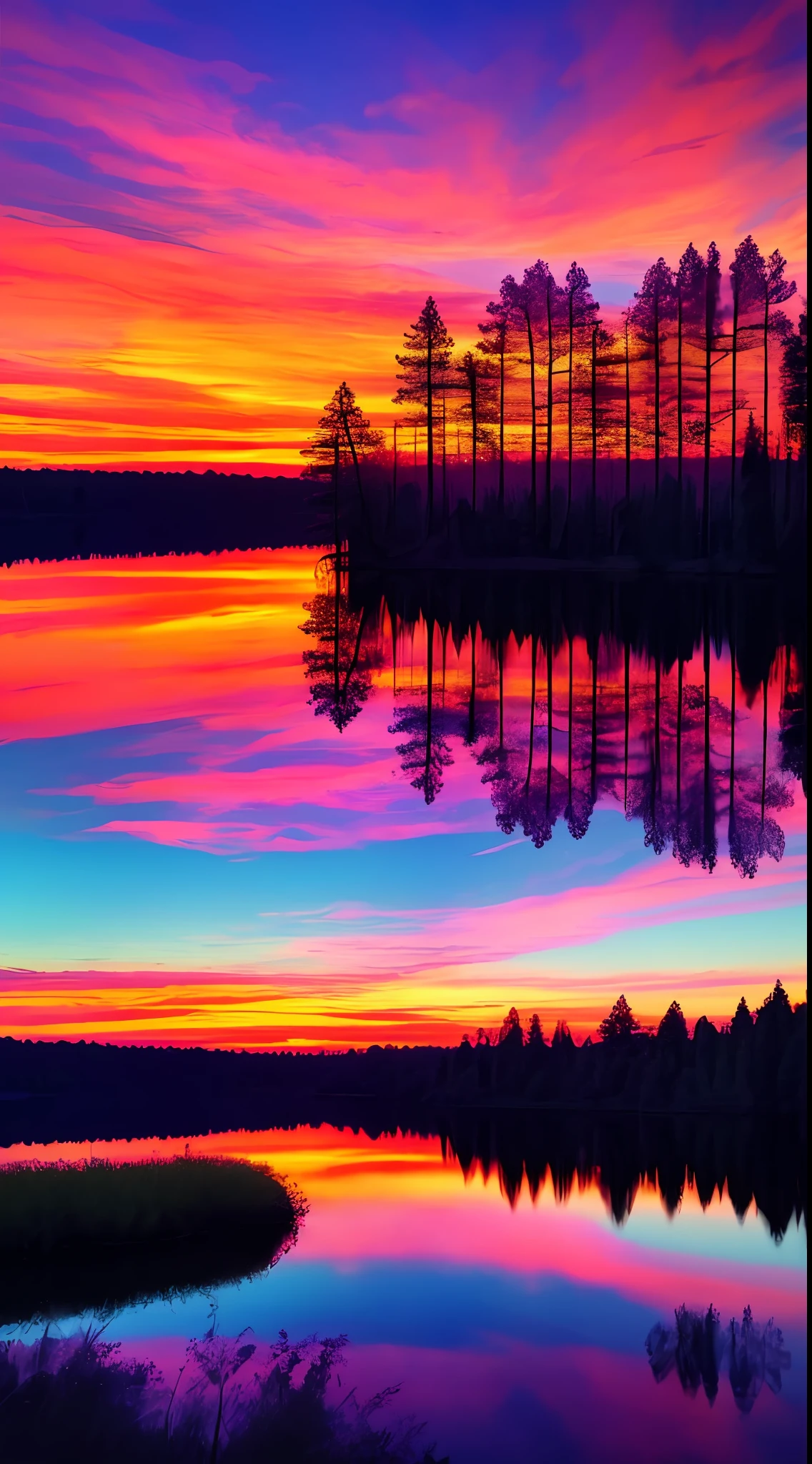there is a beautiful sunset with a lake and trees in the background, colorful skies, surreal colors, colorful sunset, colorful sky, marvellous reflection of the sky, stunning sky, dream like atmosphere 8k, colorful clouds, colors reflecting on lake, surreal sky, red and blue reflections, fire reflection, beautiful sky, beautiful and spectacular dusk, beautiful dreamy landscape, amazing sky