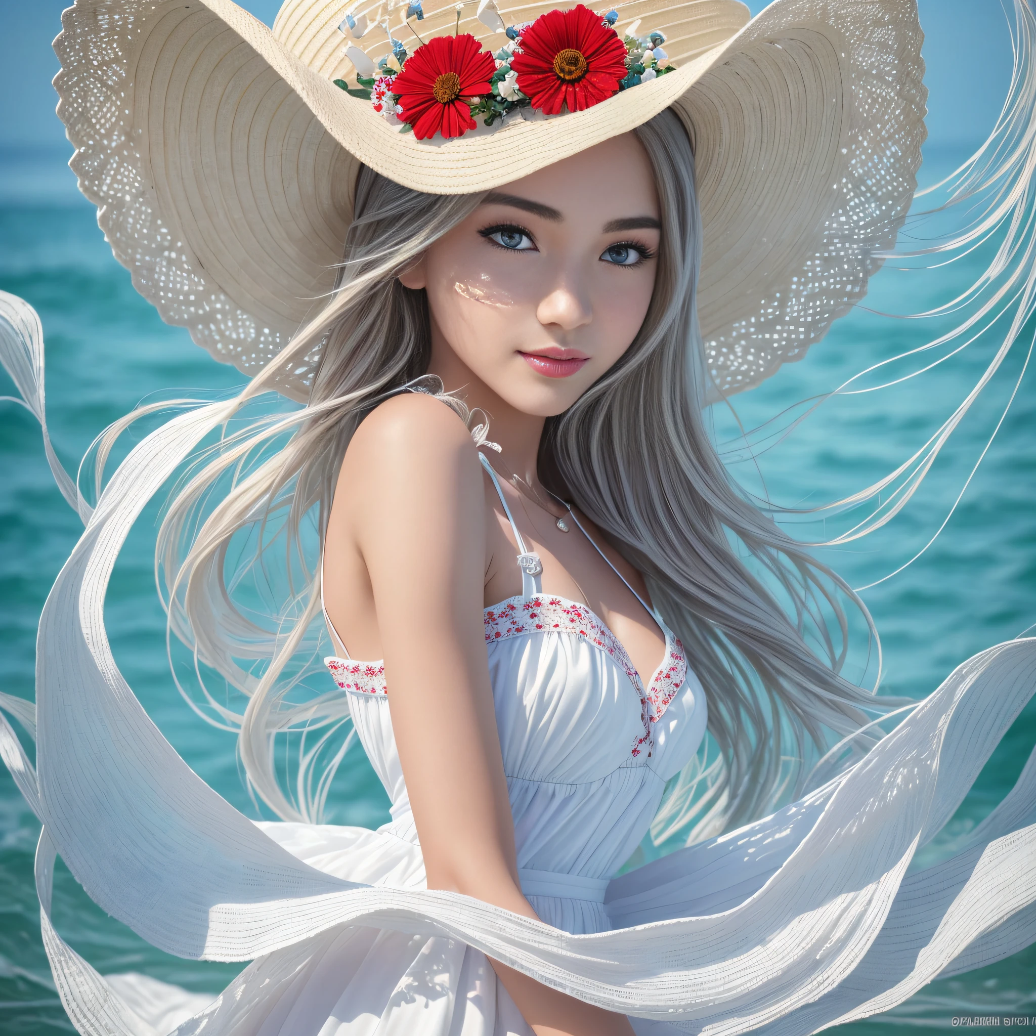 (8K:1.27), Best Quality, Masterpiece, Ultra High Resolution:1.2 On the seaside reef Sit sideways Smile back Beautiful woman in white dress Bright eyes Red lips Sweet smile Pastoral straw hat Flower gauze hat Flying in the wind Delicate facial features 8K HD Small white booties Best ratio Large aperture Bokeh 1.4 aperture Background is blue sea Splashing Girl thin waist Long legs HD skin Sweet look Dreamy aesthetic Super detailed face, detailed skin, high texture, highly detailed lips, detailed eyes, double eyelids, long eyelashes --auto --s2