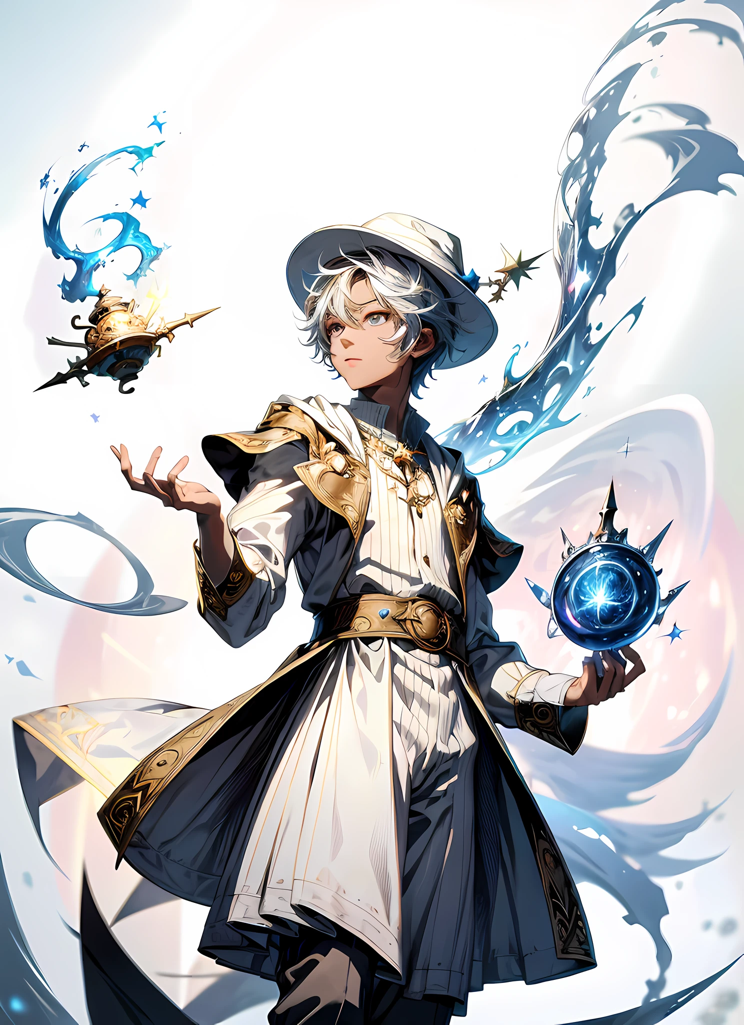 (absurdres, highres, ultra detailed), masterpiece, best quality, a boy in a hat and a white outfit, wizard, solo, handsome, short hair, finely eye, detailed face, magic wand, standing, lift arm, demon hand, spark, swirl, magic vortex, magic circle, ceiling, gnome, geometric, anti gravity