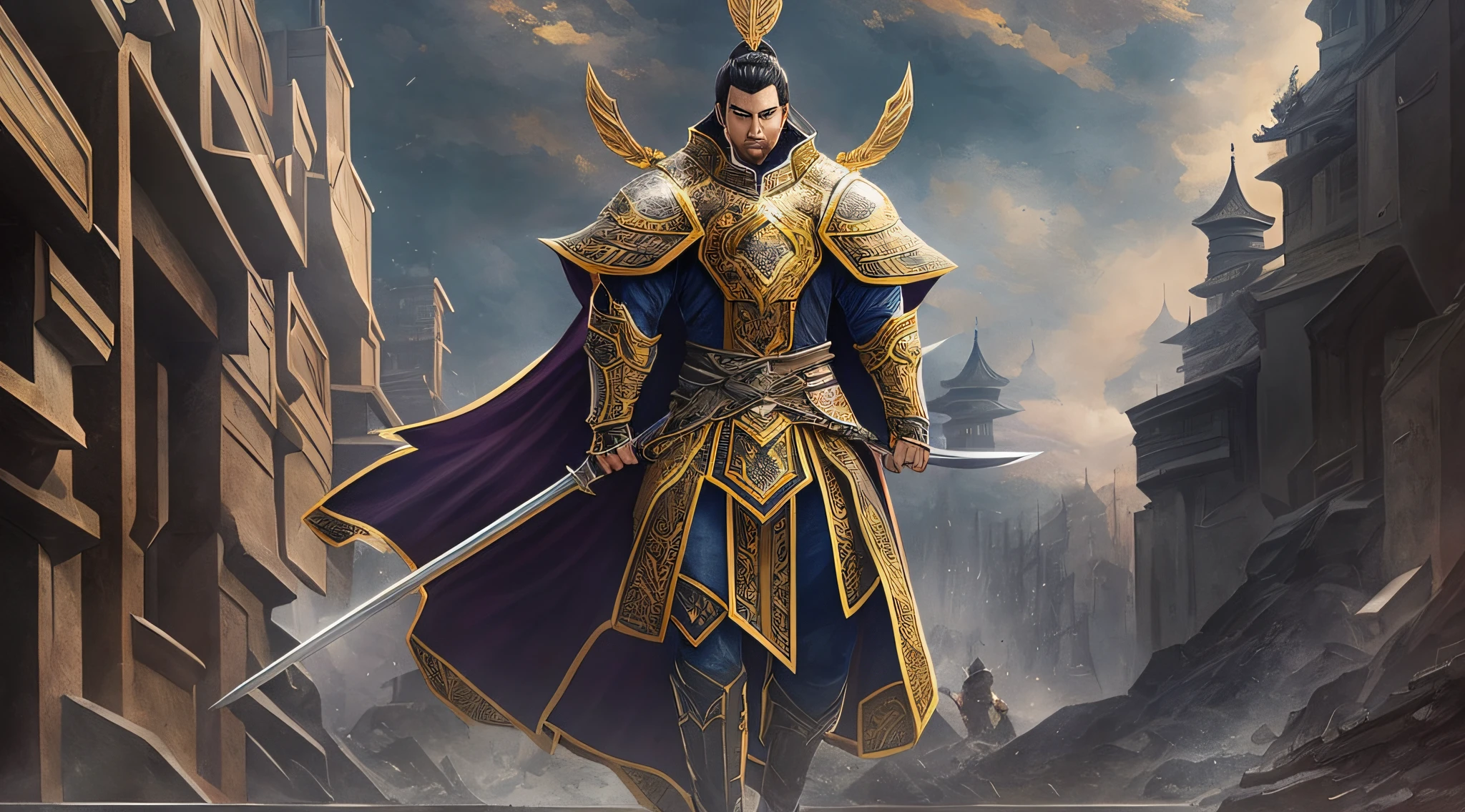 The characters are heroic Zhang Zhiwei, male, with clear muscle lines, full of strength, dressed in general attire, with gorgeous armor and cape, holding a sword in Manhwa style, panorama, masterpiece, ccurate, UHD, textured skin, high quality, high resolution. --auto --s2