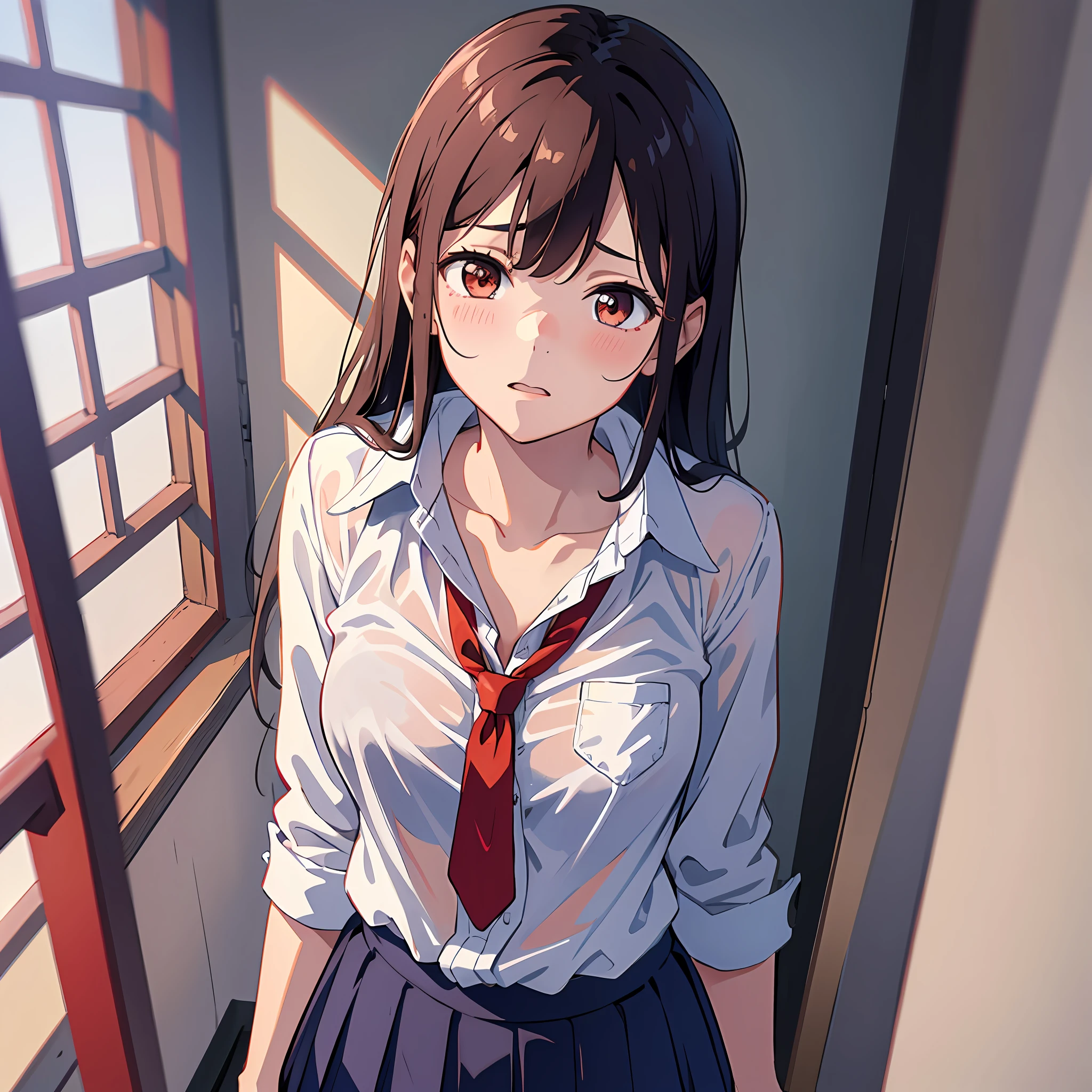 Sister, wearing school uniform, wet and bra see-through, 8K, best quality, 14 years old, looking at camera, red cheeks, embarrassed, delicate hands, room, liking brother, smelling brother's shirt