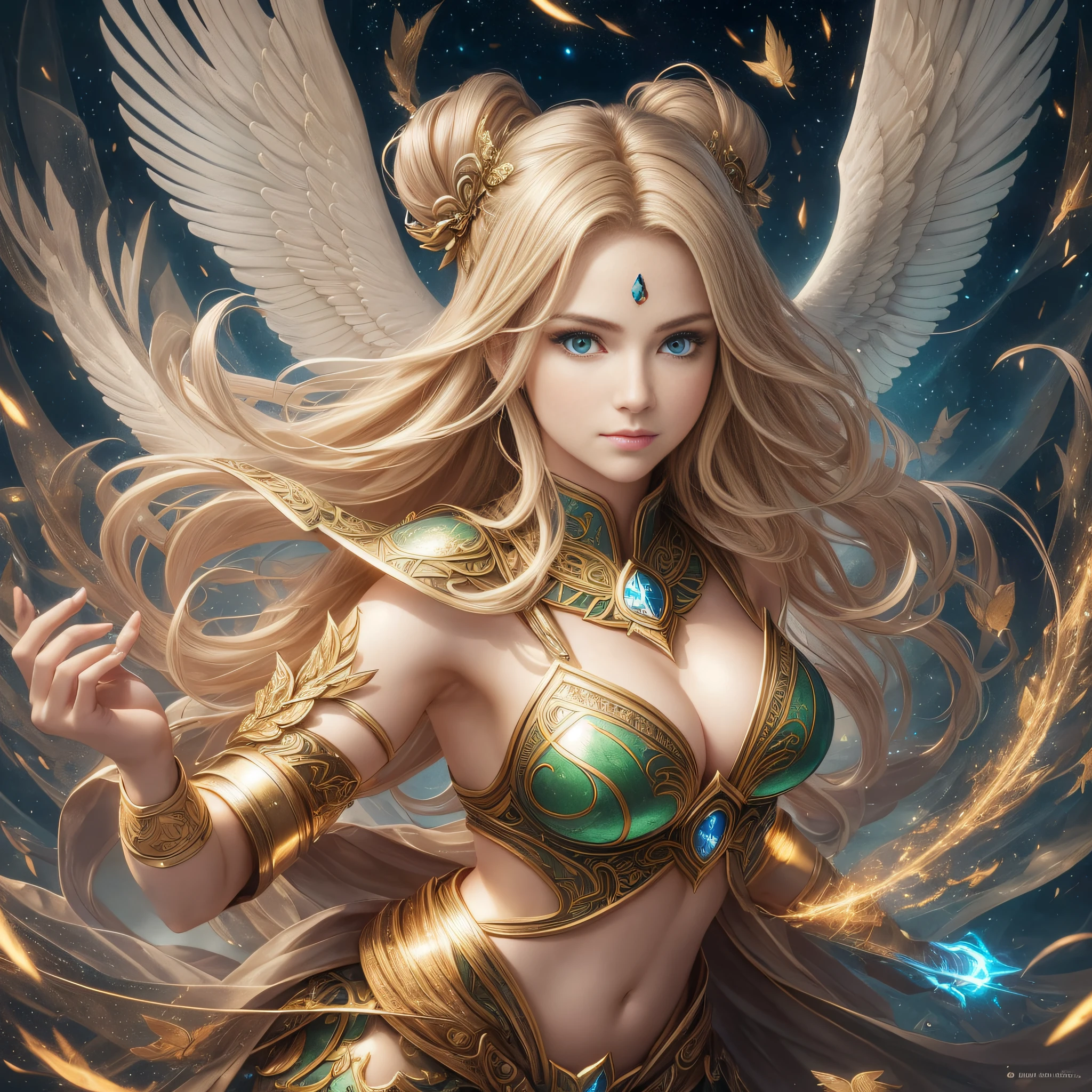Highly detailed, ((portrait)), beautiful girl, upper body shot: 1.8, girl as Justice Warrior with outstretched arms, full body view, two real arms, two hands with five real fingers on each hand, look looking at the creator, light blonde hair color, green eye color, cleavage, perfect eyes, levitating hair, light accents, light display, intricate details, flying robins: 0.8, captivating presence, mysterious aura, surreal angelic background, immersive atmosphere, light motion blur, light particles: 0.8, (film lighting), (foreground angle), beautiful detailed glow, (eye-catching), (intricate detailed film background), thick oil painting and heavy,