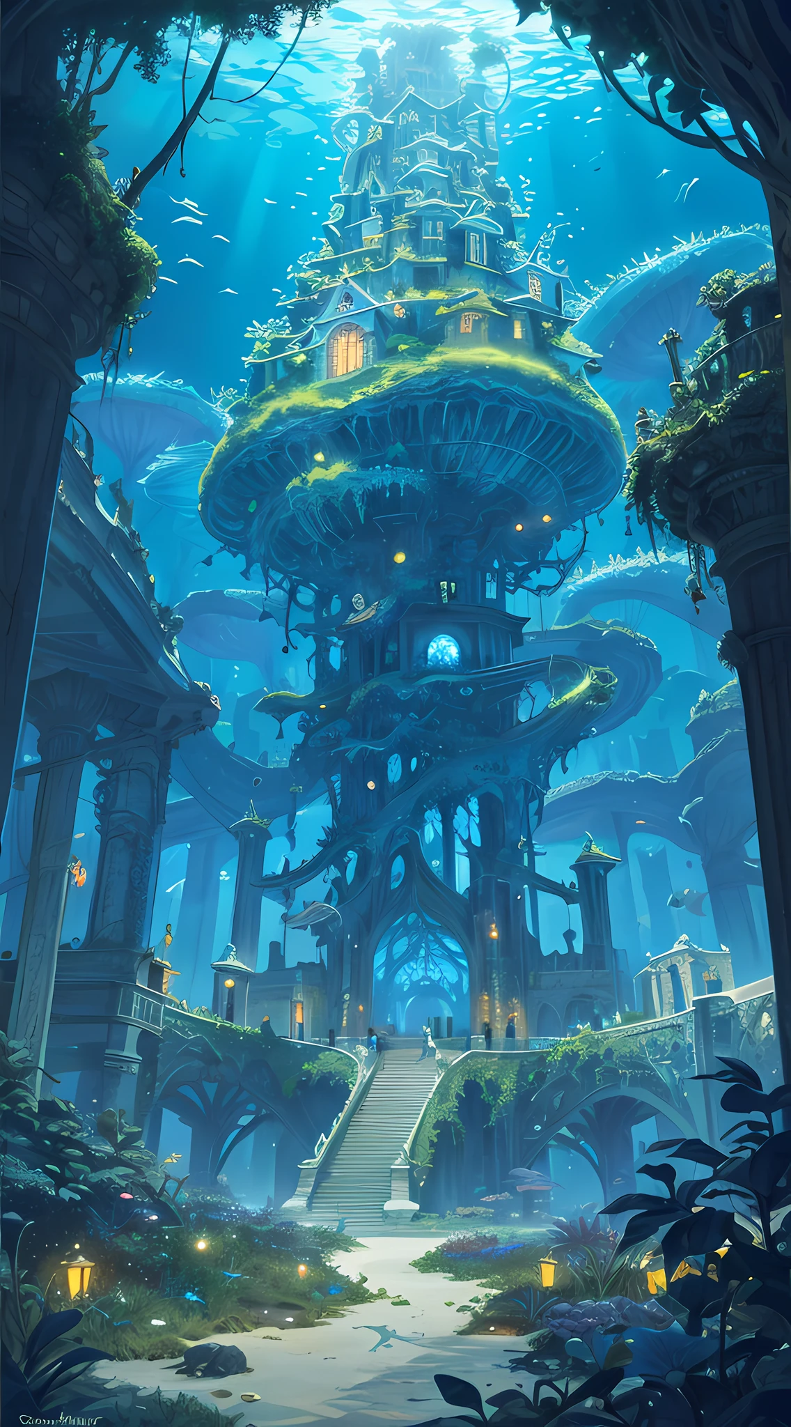 Masterpiece, High Quality, Ocean Forest, City, Fantastic Fantasy, Glowing Plants, Coral Viaduct, (Swarm of Glowing Jellyfish), (Shoal of Fish with Transparent Wings Flying in the Sky), Misty, Extreme Detail, Morning Light, Epic Composition, (Intricate Detail), (Intricate Design, Ultra Detail: 1.2), Art Station, (Masterpiece, Best Quality), Ultra HD, 32k ,castle,relic ,(Underworld),Underground --v 6