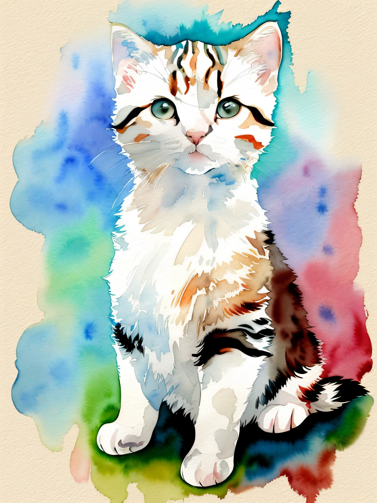 watercolor, kitten, beautiful, watercolor style, wet technique, mute, fabric design, flat illustration, highly detailed clean, vector, masterpiece, professional, isometric, bright vector, white background, dry brush, brush strokes, drawn on canvas, jmw turner. Expressive marks.