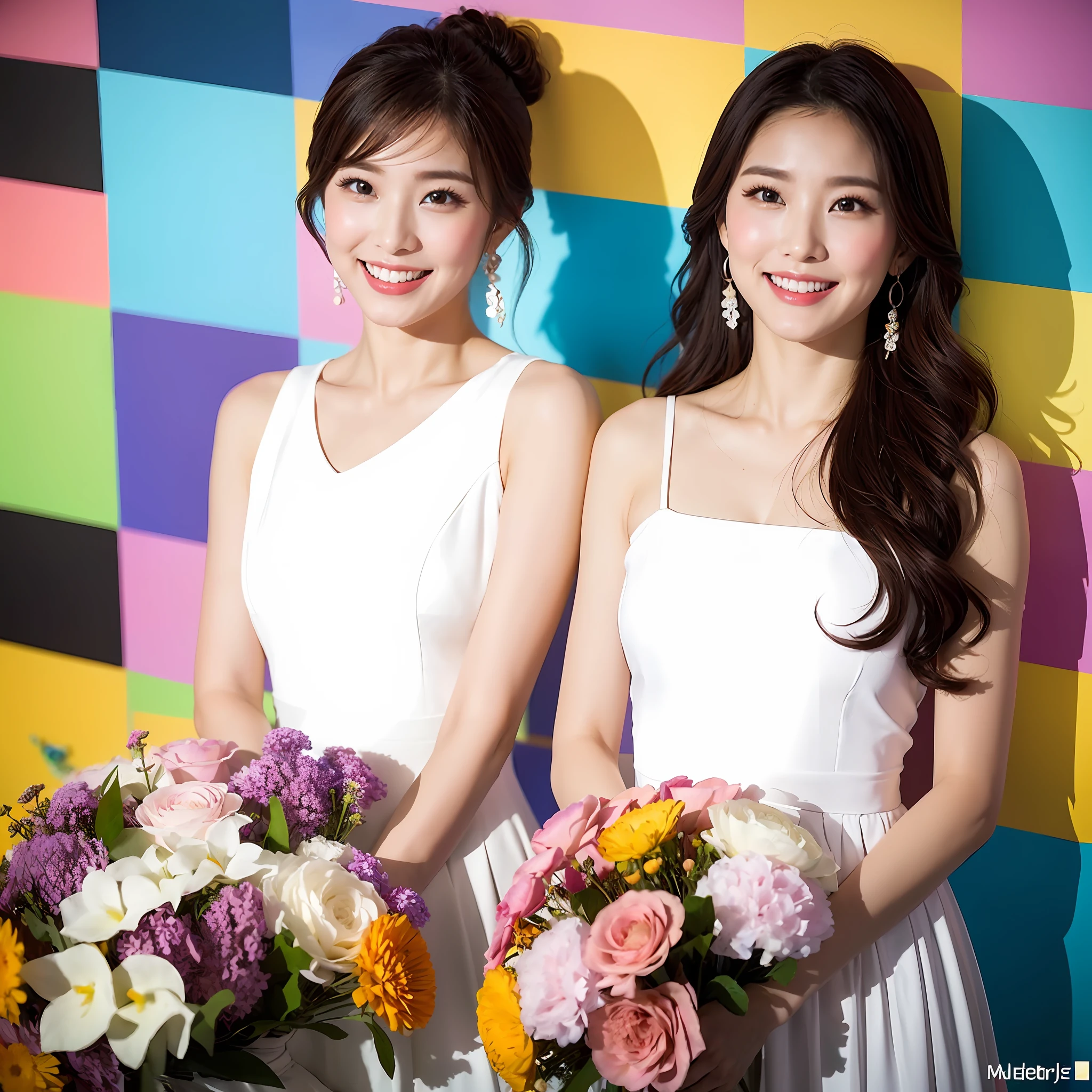 (Best Light: 1.2, Cute Korean Girl: 1.2, [White Dress: 1.3], Colorful Wall, Elegant and Colorful: 1.1, Bright and Attractive: 1.1, [Ultra-detailed: 1.2+Dynamic Pose+Delicate: 1.2],), Big breasts, smiling, holding a multicolored bouquet, the background wall is a multicolored flower wall