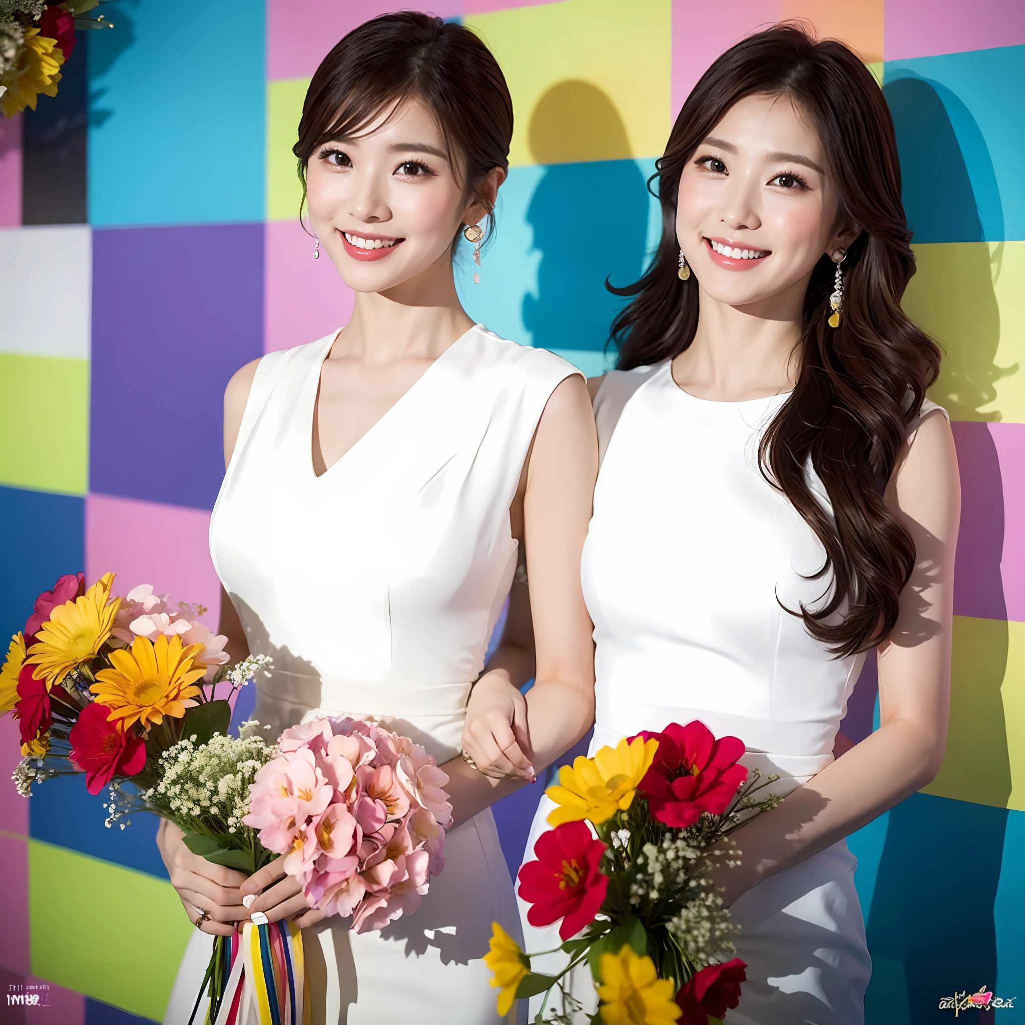 (Best Light: 1.2, Cute Korean Girl: 1.2, [White Dress: 1.3], Colorful Wall, Elegant and Colorful: 1.1, Bright and Attractive: 1.1, [Ultra-detailed: 1.2+Dynamic Pose+Delicate: 1.2],), , smiling, holding a multicolored bouquet, the background wall is a multicolored flower wall